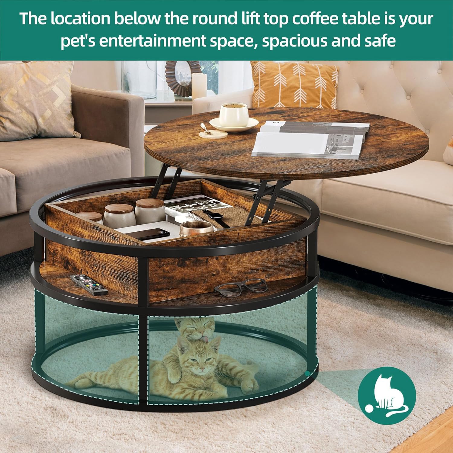 YITAHOME Round Lift Top Coffee Table - Storage, Modern Style, Brown | 80x80x47cm 6