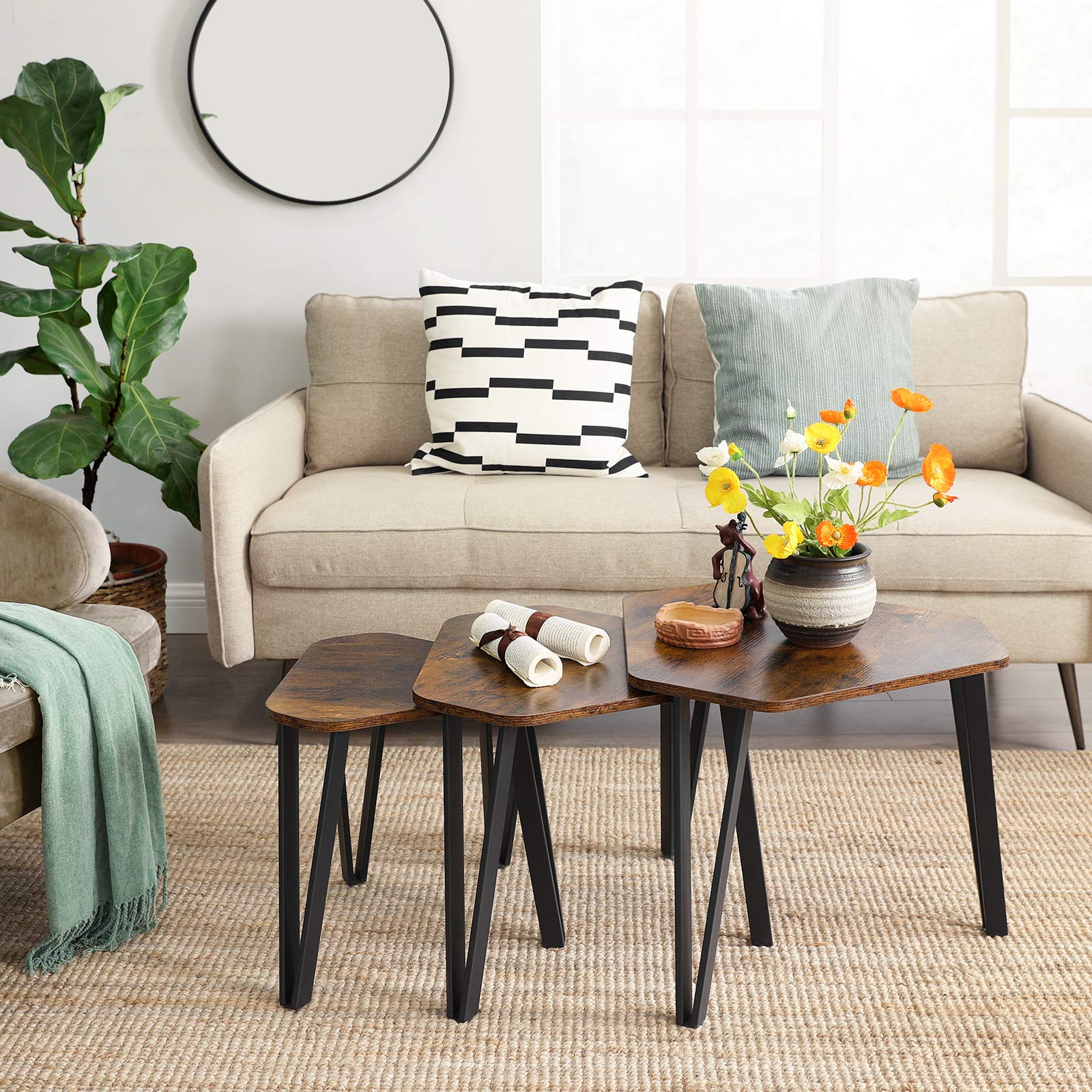 VASAGLE Nesting Coffee Table Set of 3 End Tables for Living Room | Rustic Brown + Black | Industrial Style 2