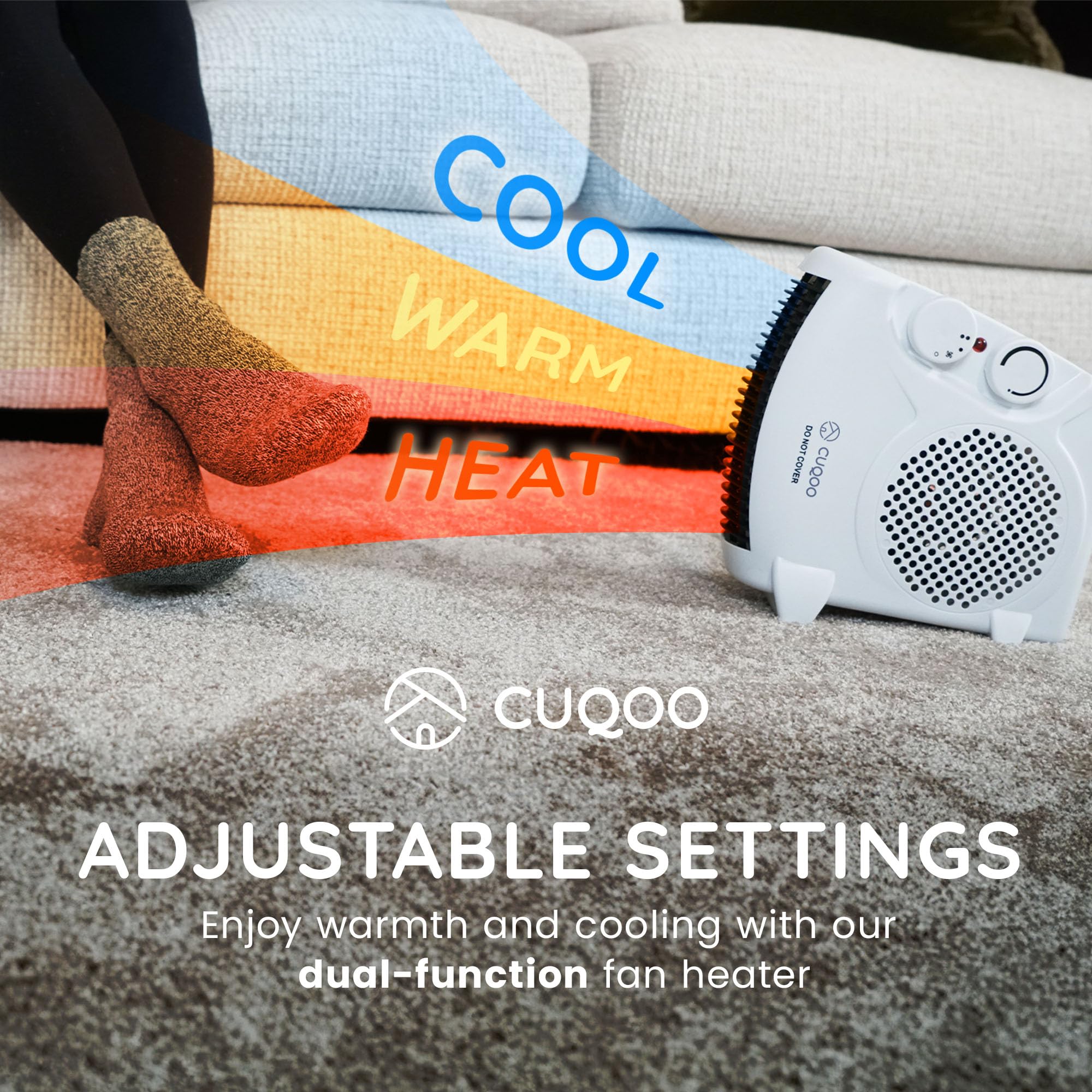 CUQOO 2KW Electric Fan Heater - 2 Heat Settings (1000W/2000W) & Cool Function | White Upright 6