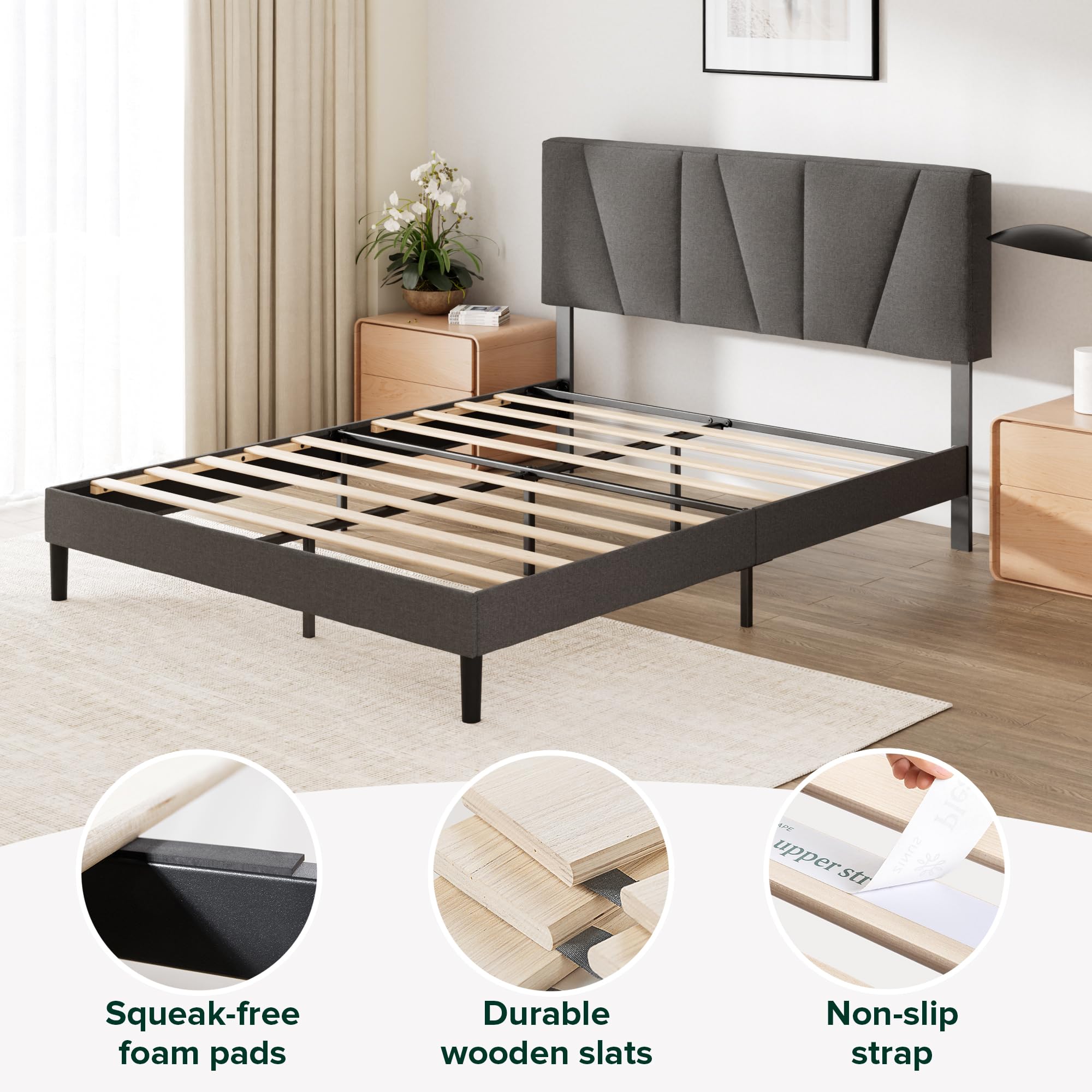 Zinus Maya King Bed Frame with Headboard - 11.8'' Height - Dark Grey Upholstered Base 5