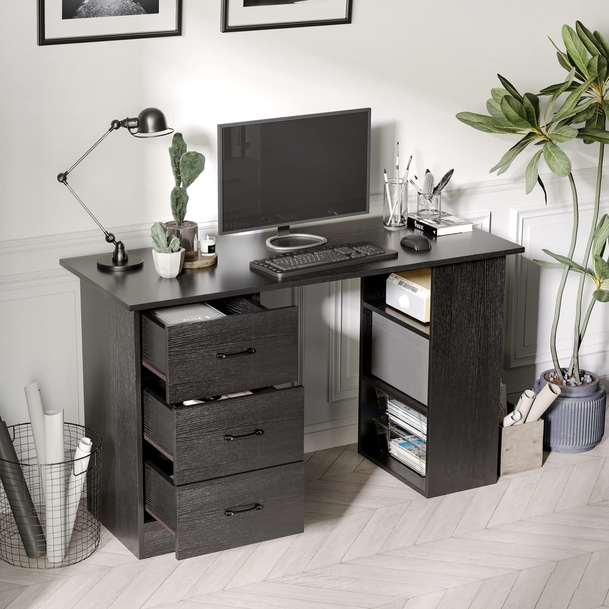 HOMCOM Computer Desk with Drawers and Shelves - Reversible Layout | 120 x 49 cm | Black 7