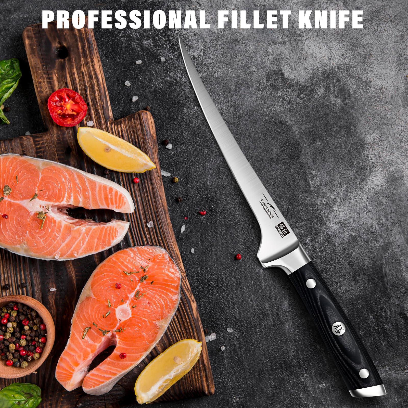 SHAN ZU 7 Inch Filleting Knife - Flexible Boning Knife with German Stainless Steel Blade | Lightweight 6