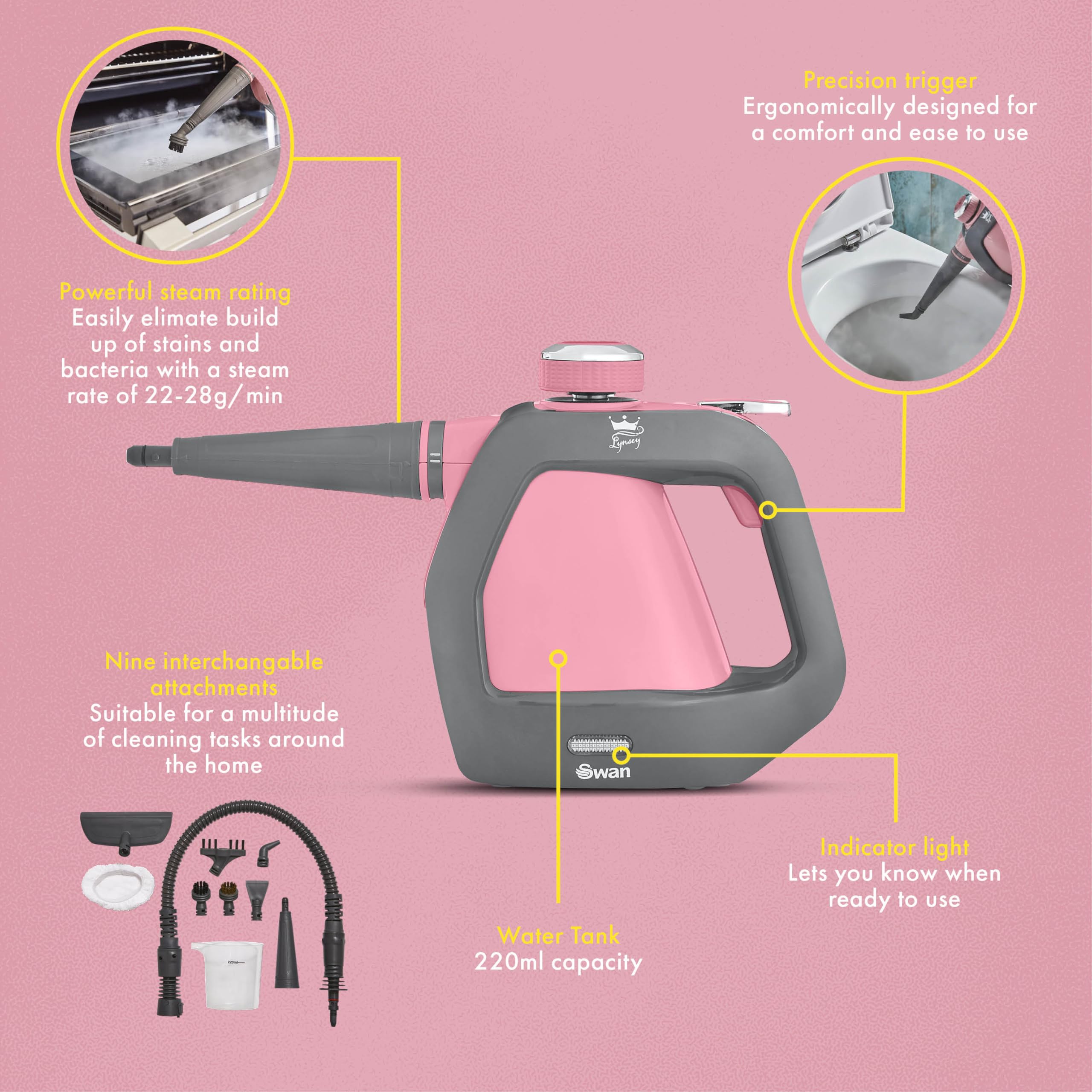 Swan Lynsey Queen of Clean Handheld Steam Cleaner - Kills Bacteria | 9 Accessories | 3 Bar Pressure 5