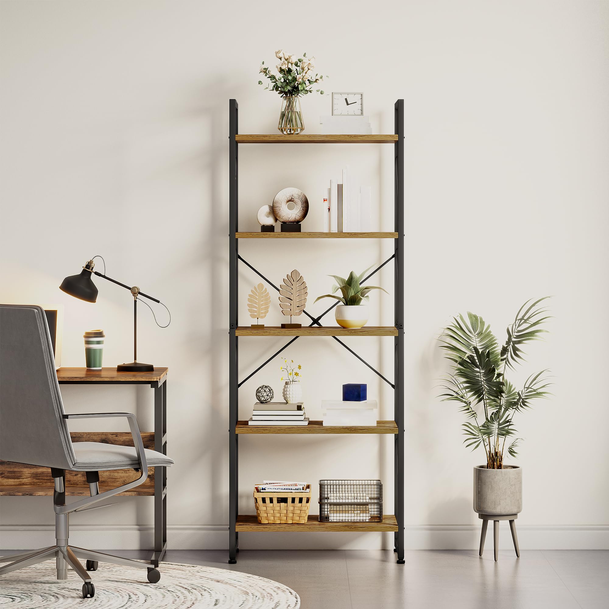 YITAHOME 5-Tier Bookcase - Rustic Brown | Modern Industrial Design | Space Saving | 60W x 158H cm 4