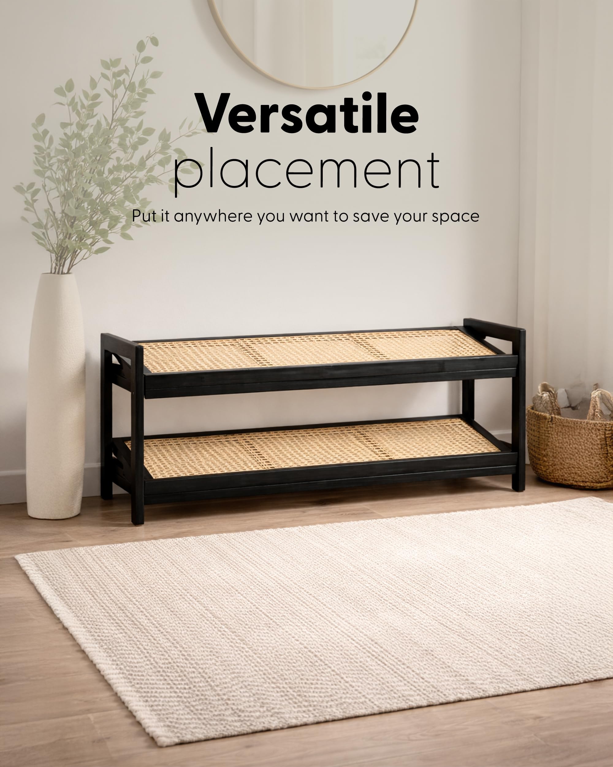 KEPLIN 2 Tier Bamboo & Rattan Shoe Rack Organizer | Compact 70cm Width | Natural/Black Finish 5