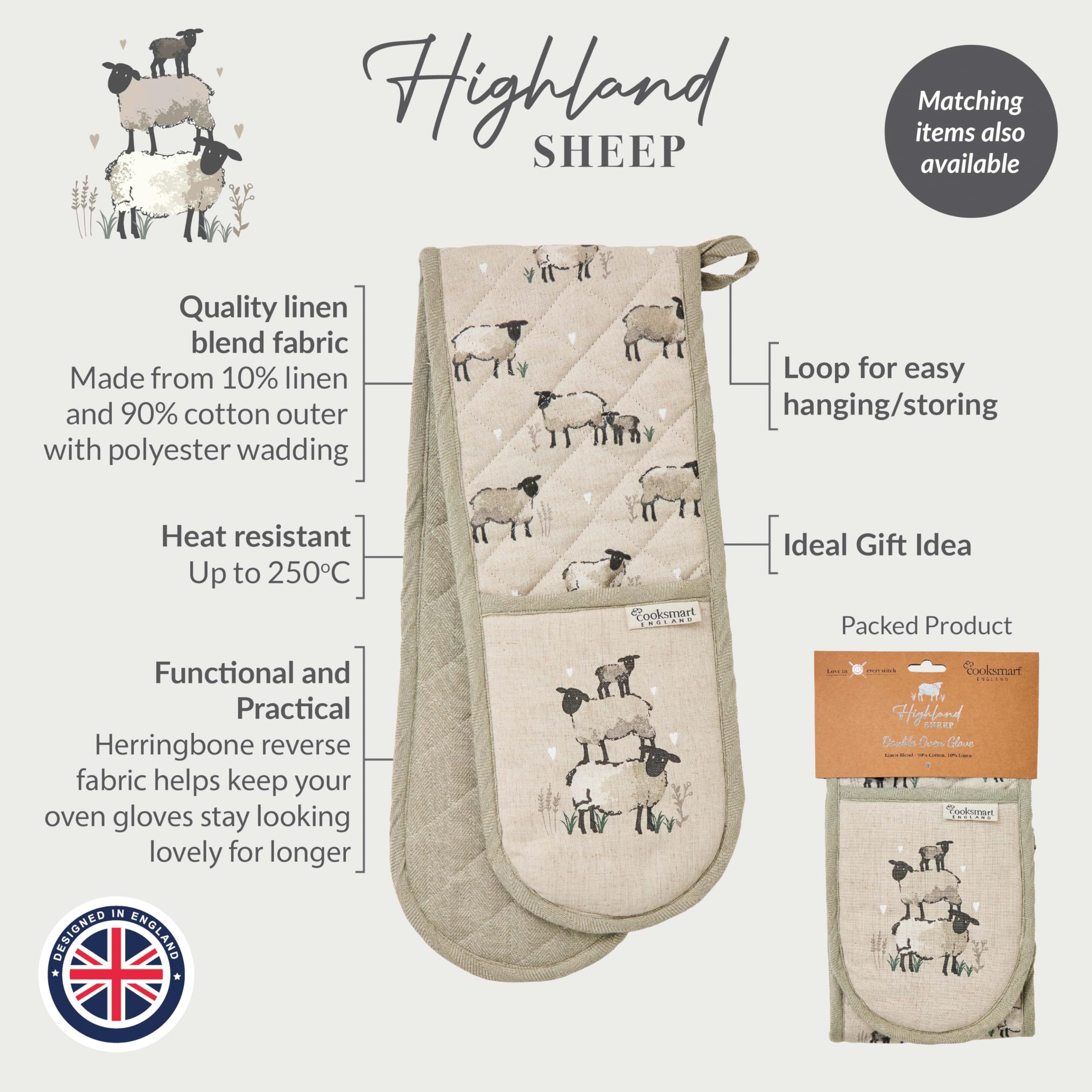 Cooksmart Double Oven Gloves - Heat Resistant Protection | Highland Sheep Design | 2 Pack 6