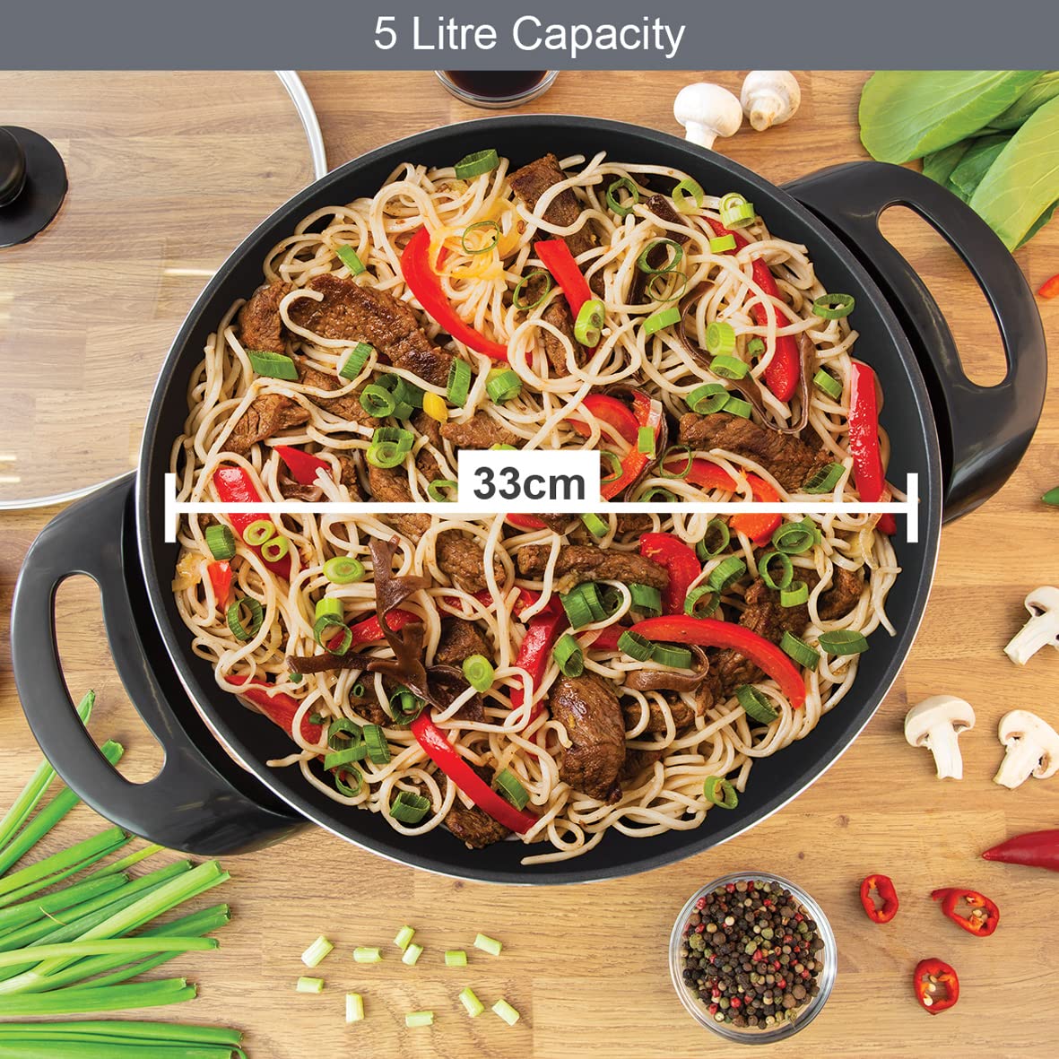 Quest Electric Non-Stick Wok with Lid - 1500W Power | 33cm Diameter | 5 Temperature Settings 5