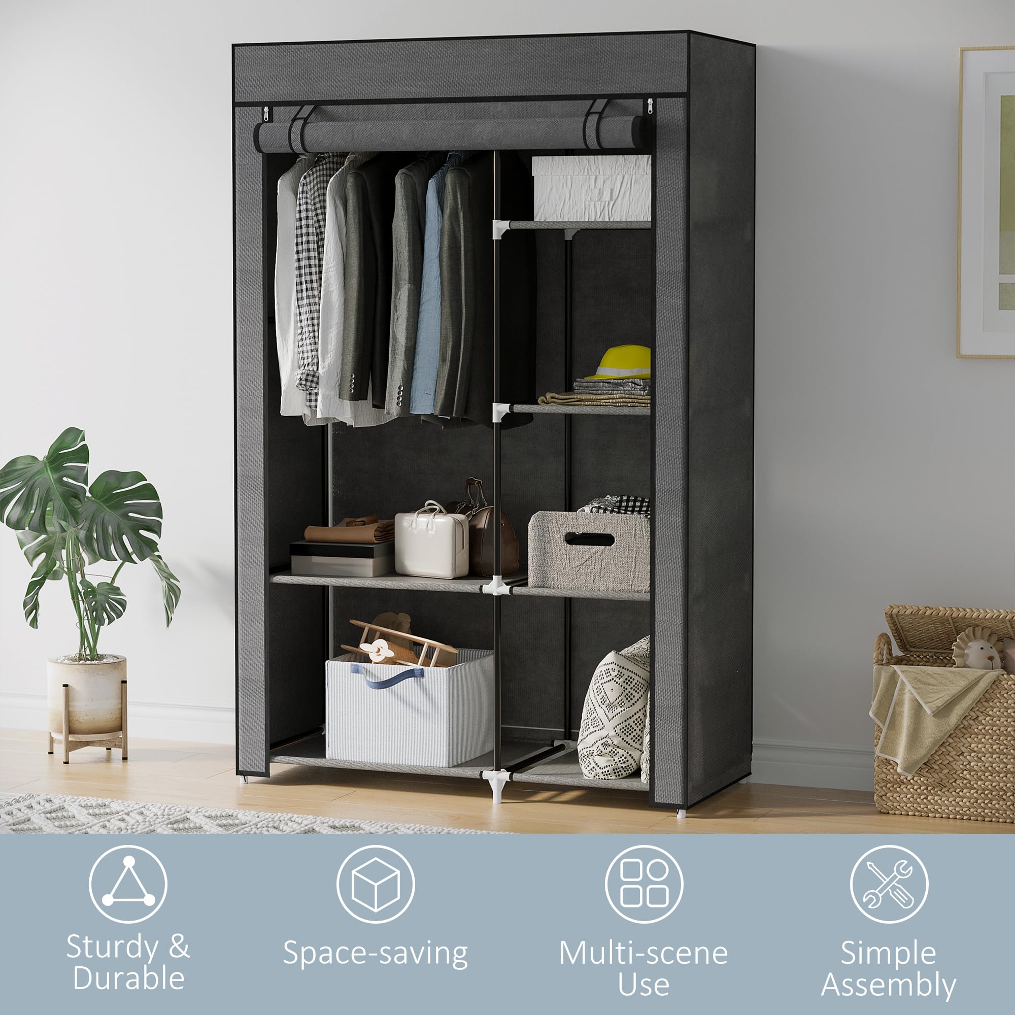 HOMCOM Portable Fabric Wardrobe - 6 Shelves, Hanging Rail | Dark Grey | 103W x 43D x 162.5H cm 5
