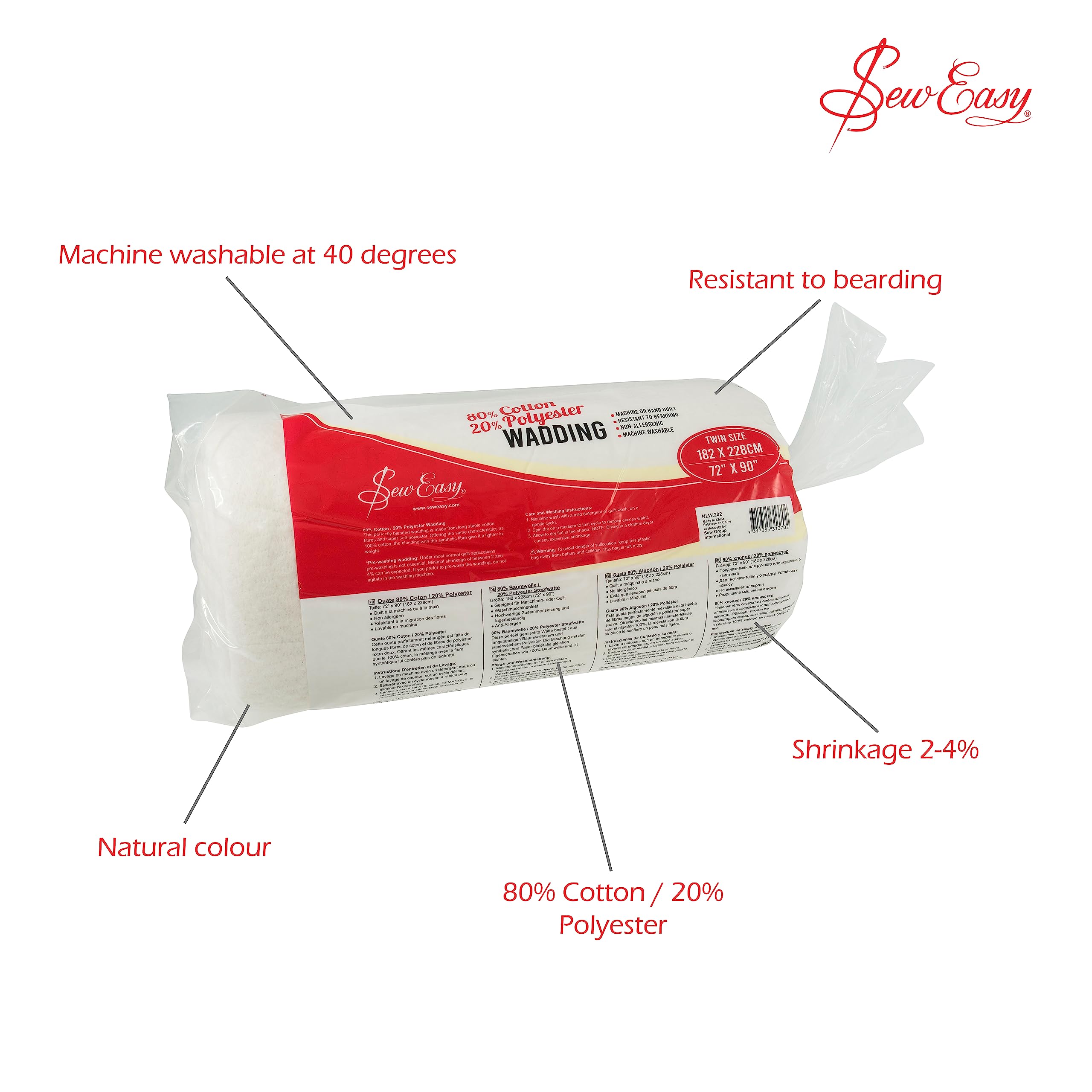 Sew Easy Quilting Batting Wadding - 80% Cotton 20% Polyester Mix | Twin Size | Washable 3