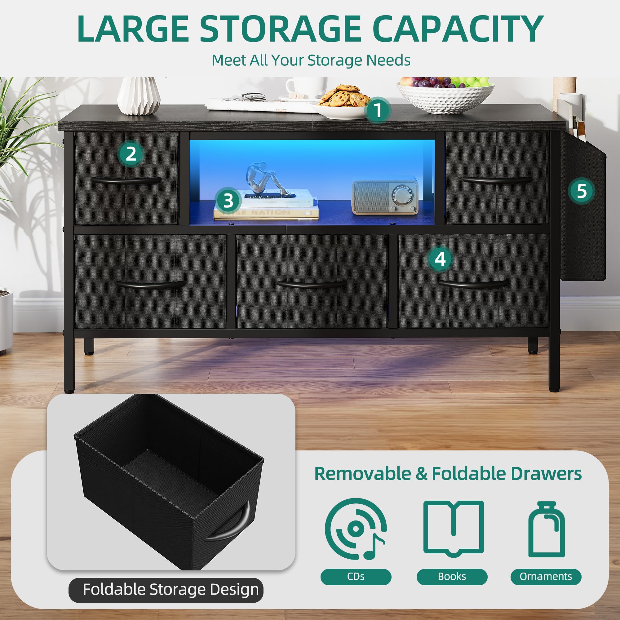 YITAHOME TV Stand Cabinet Unit with 5 Foldable Drawers & RGB LED Lights | Supports Up to 55 Inch TV 5