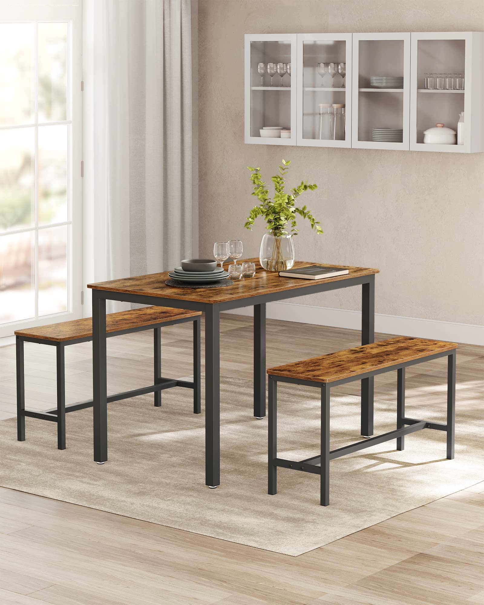 VASAGLE 3 Piece Dining Table Set with 2 Benches | Industrial Design | Rustic Brown & Black | KDT070B01 3