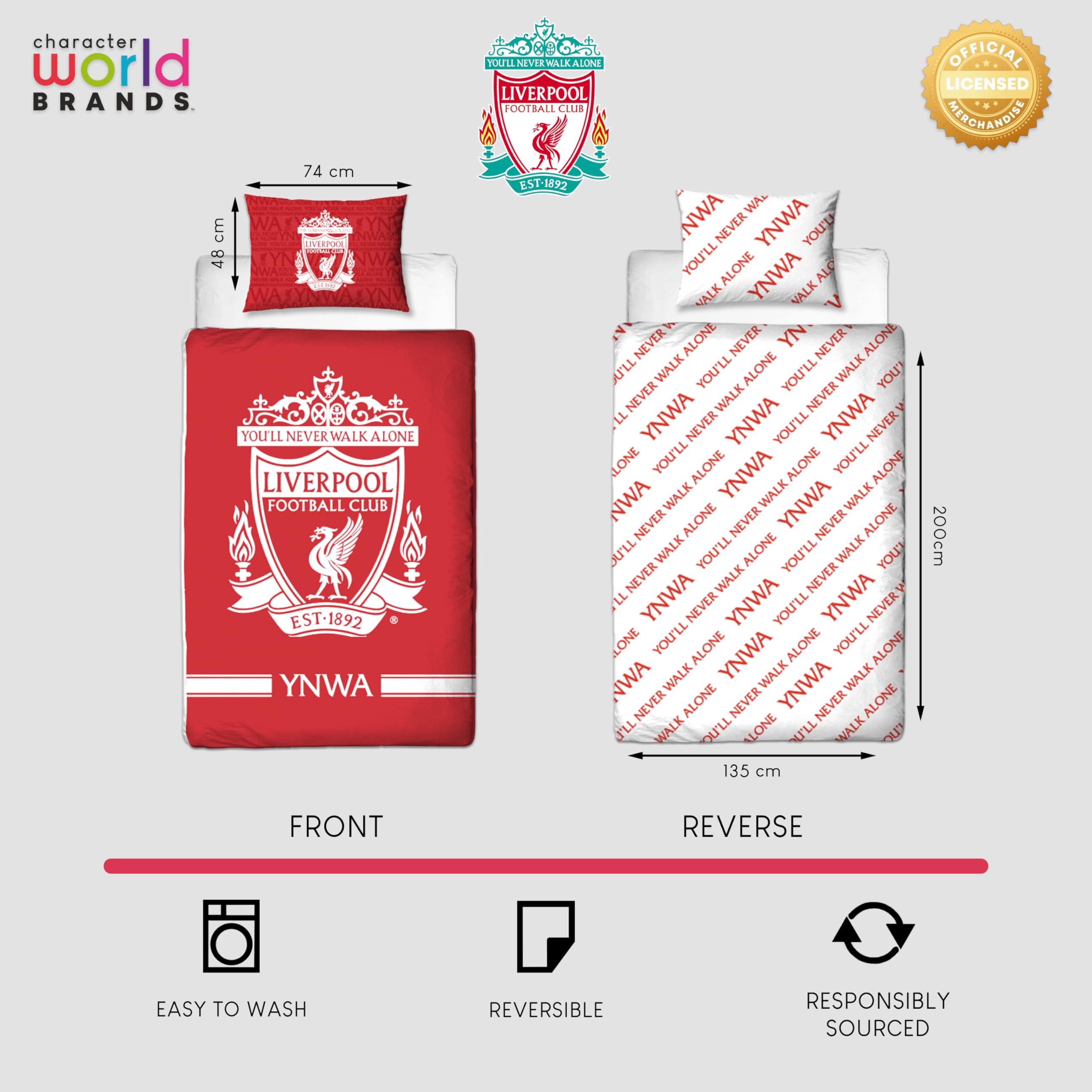 Liverpool F.C. Character World Tone Design Single Duvet Cover Set | Reversible | Polycotton 9