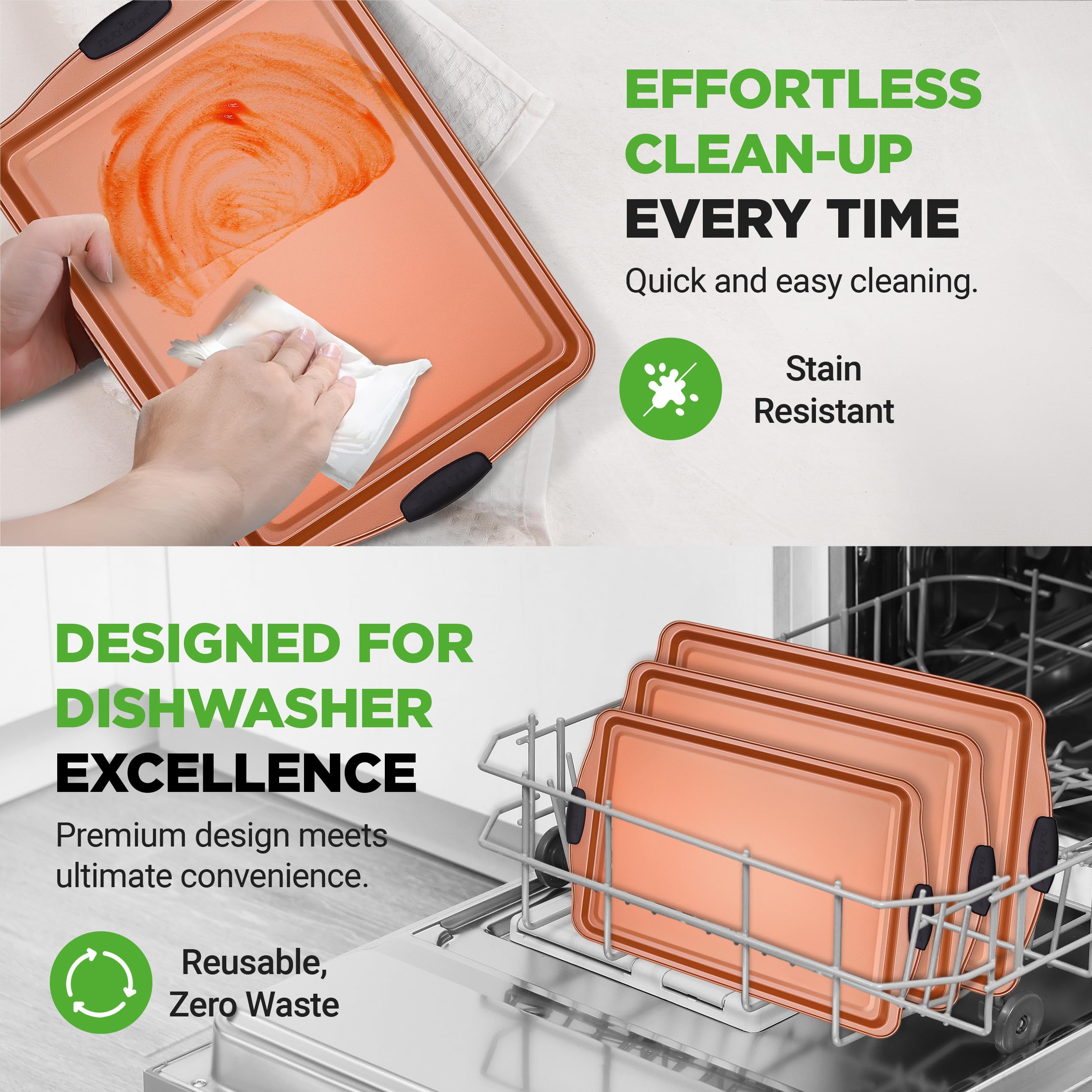 NutriChef 3-Piece Non-Stick Carbon Steel Baking Tray Set with Silicone Handles | Oven Safe to 230°C 7