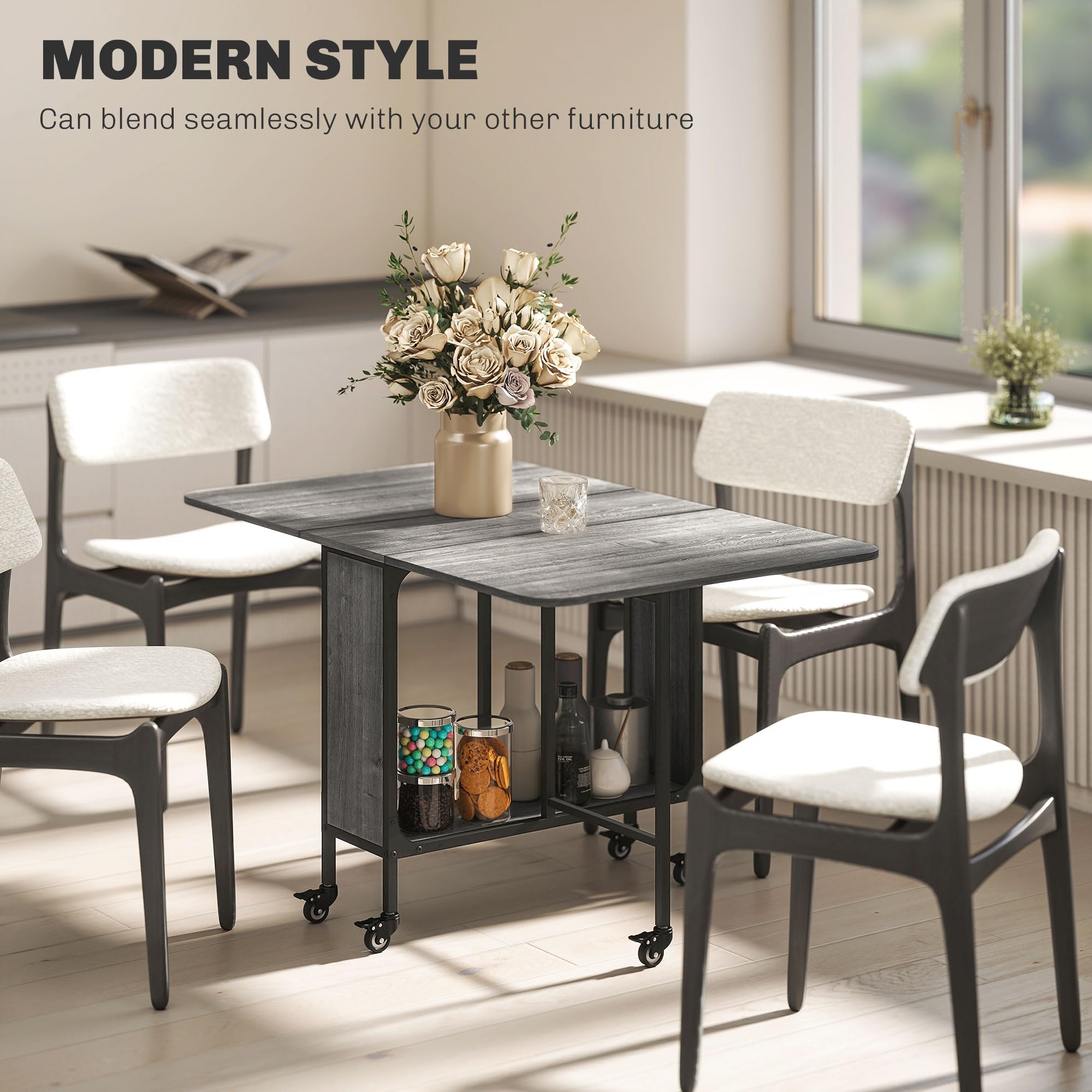 HOMCOM Mobile Drop Leaf Dining Table - Extendable, Foldable, with 6 Wheels & Storage | Grey 7