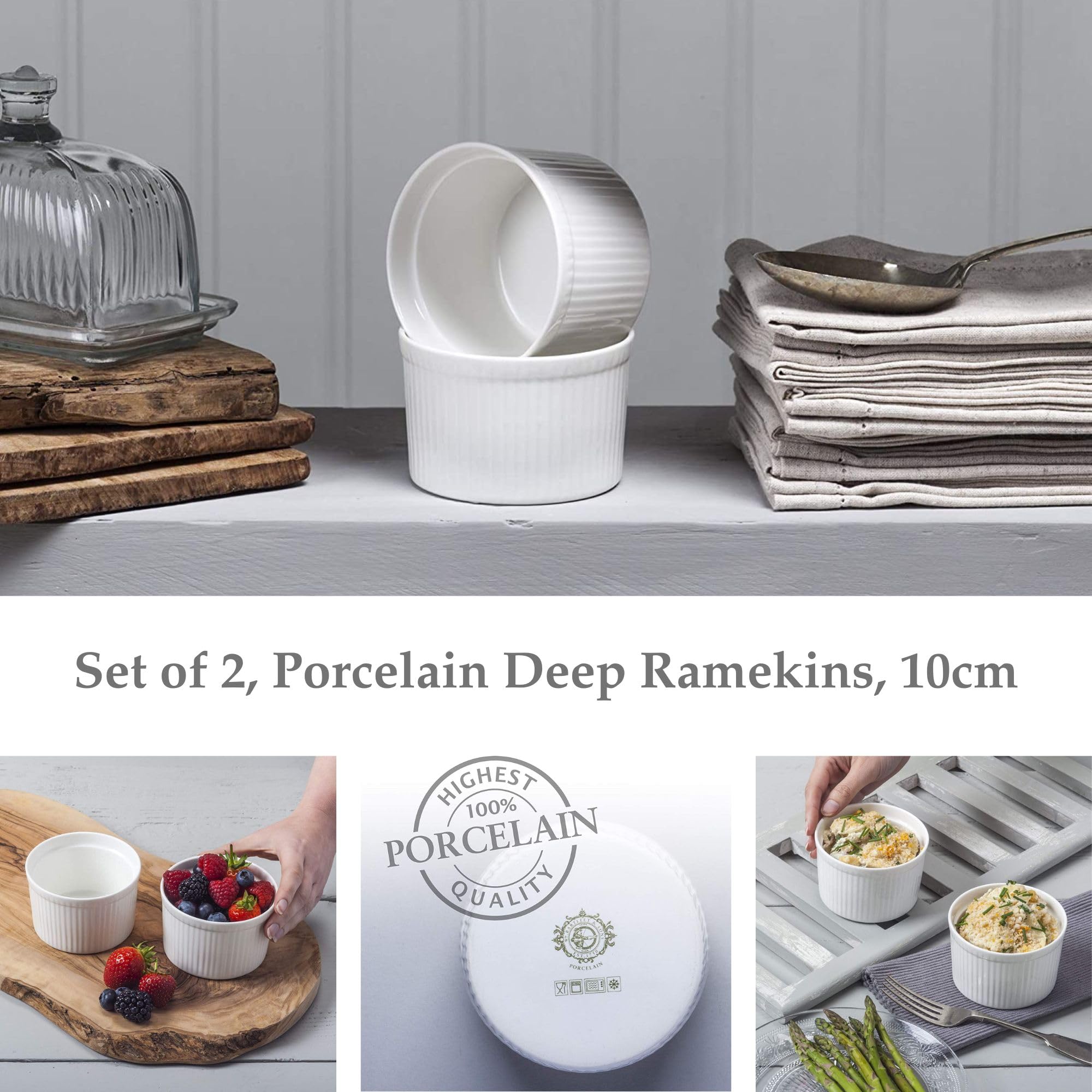 WM Bartleet & Sons 1750 Deep Porcelain Ramekins - Set of 2 | 10cm Diameter | Oven Safe 2