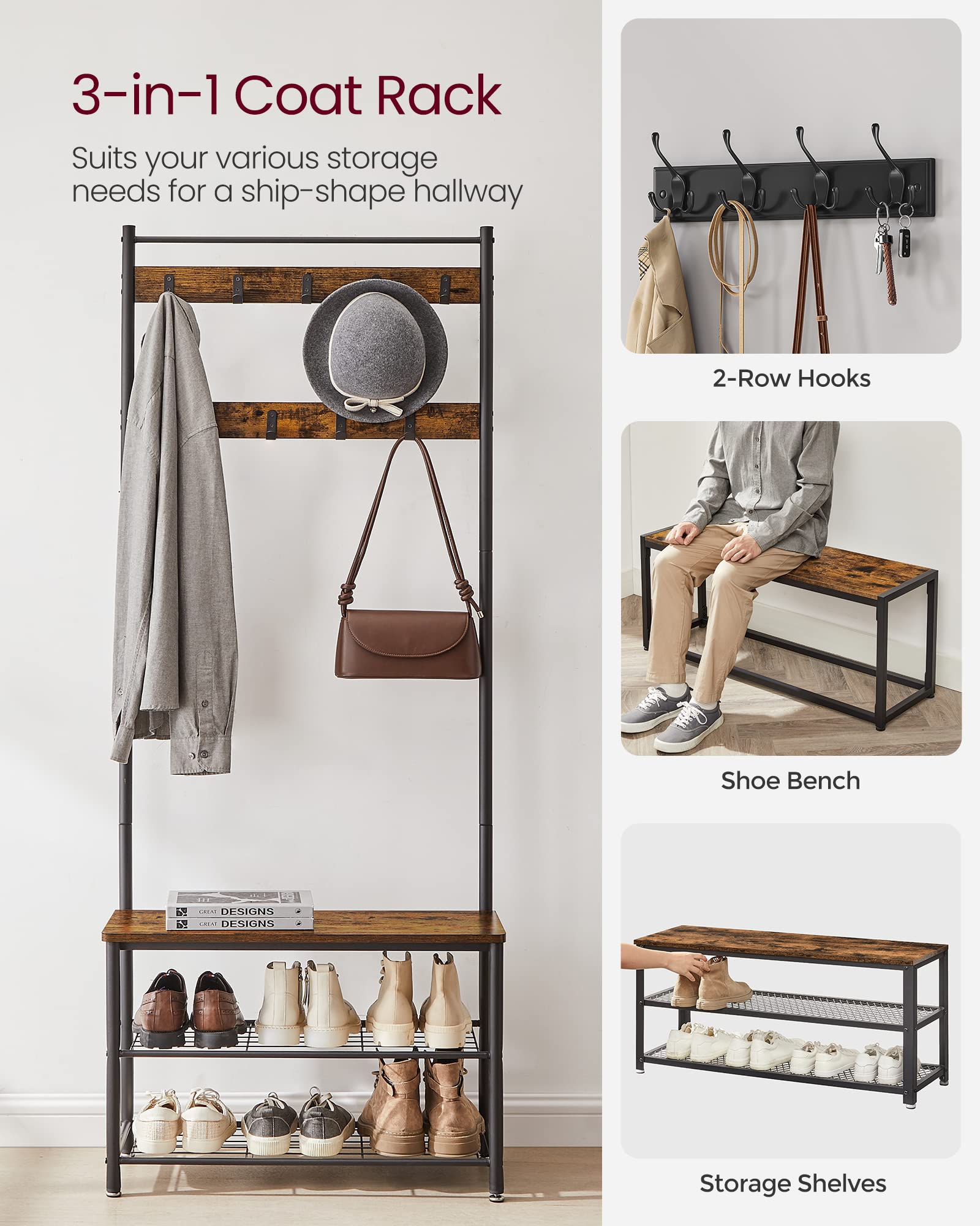 VASAGLE Hallway Coat Rack with Bench and Shoe Storage | 9 Hooks | Rustic Brown + Black 3