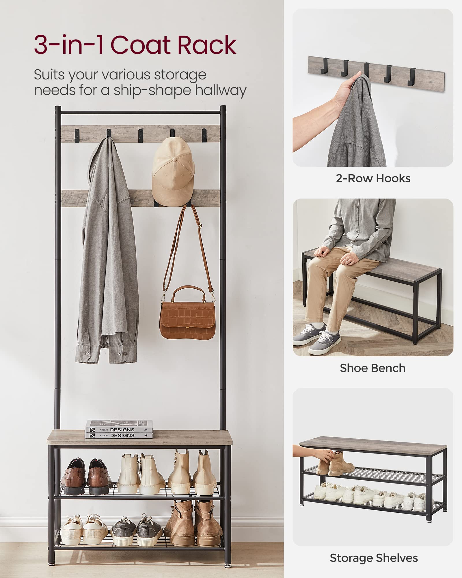 VASAGLE 3-in-1 Coat Stand with Shoe Rack and Bench | Grey + Black | 175cm Height 3