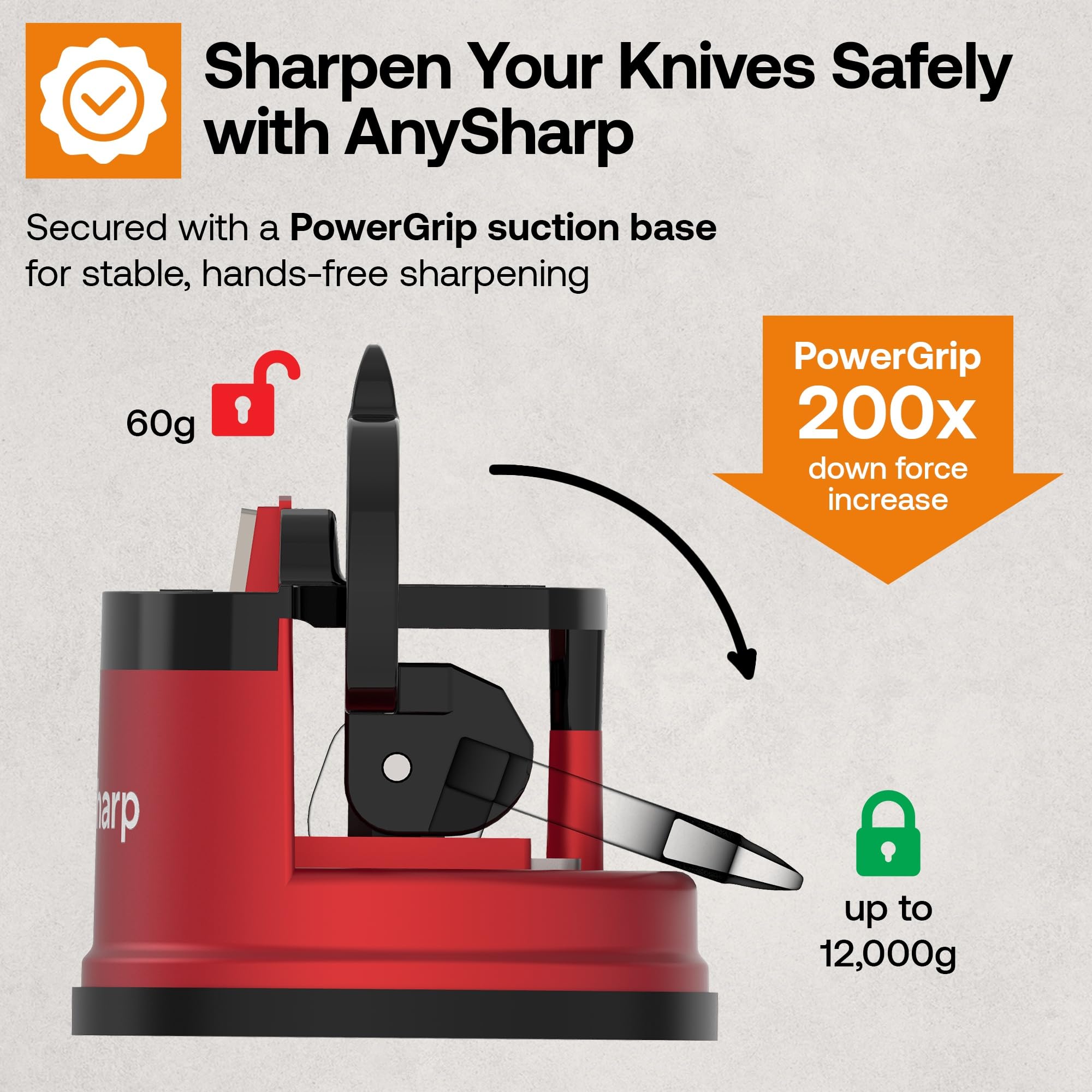 AnySharp Pro Metal Knife Sharpener - Hands-Free Safety Suction | Tungsten Carbide | Red 6
