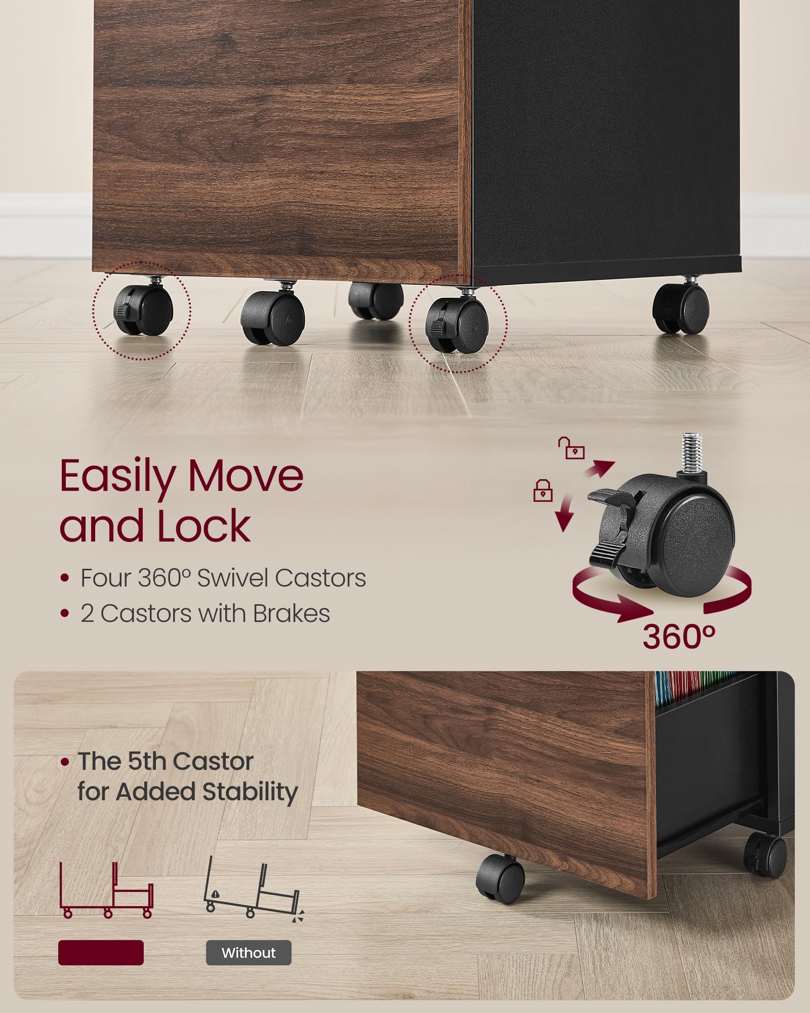 VASAGLE 2-Drawer Mobile Filing Cabinet - A4/Letter Size Support | Natural Walnut & Ink Black | 35kg Capacity 6
