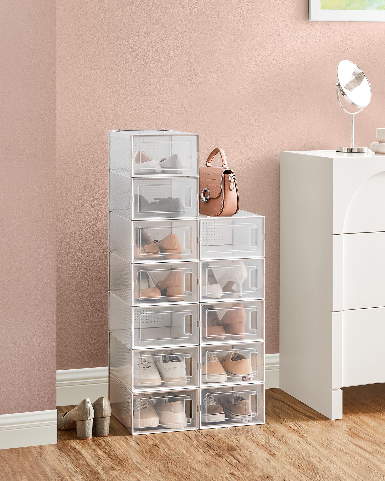 SONGMICS Shoe Boxes - Pack of 15 Stackable Organisers | Fits UK Size 9 | Foldable 6