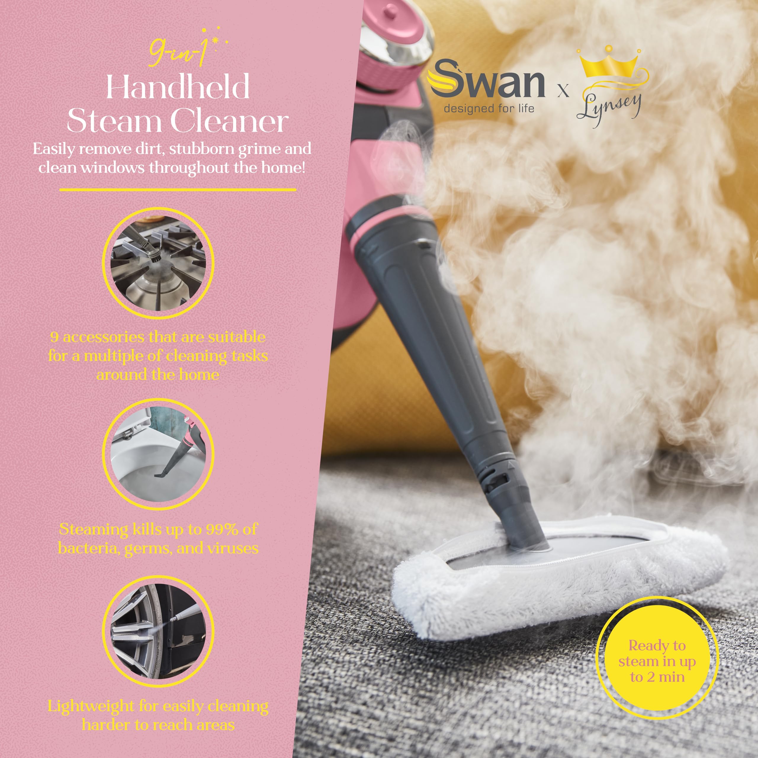 Swan Lynsey Queen of Clean Handheld Steam Cleaner - Kills Bacteria | 9 Accessories | 3 Bar Pressure 2