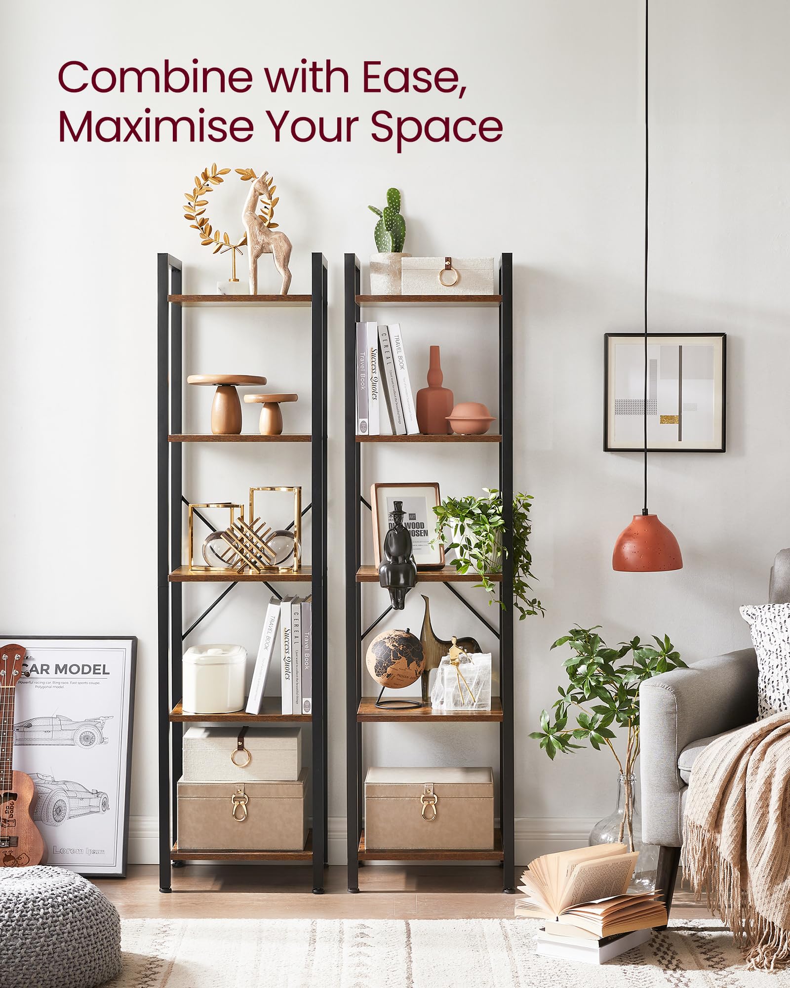 VASAGLE 5-Tier Bookshelf - Industrial Design | Rustic Brown & Ink Black | 30 x 39.6 x 154 cm 4