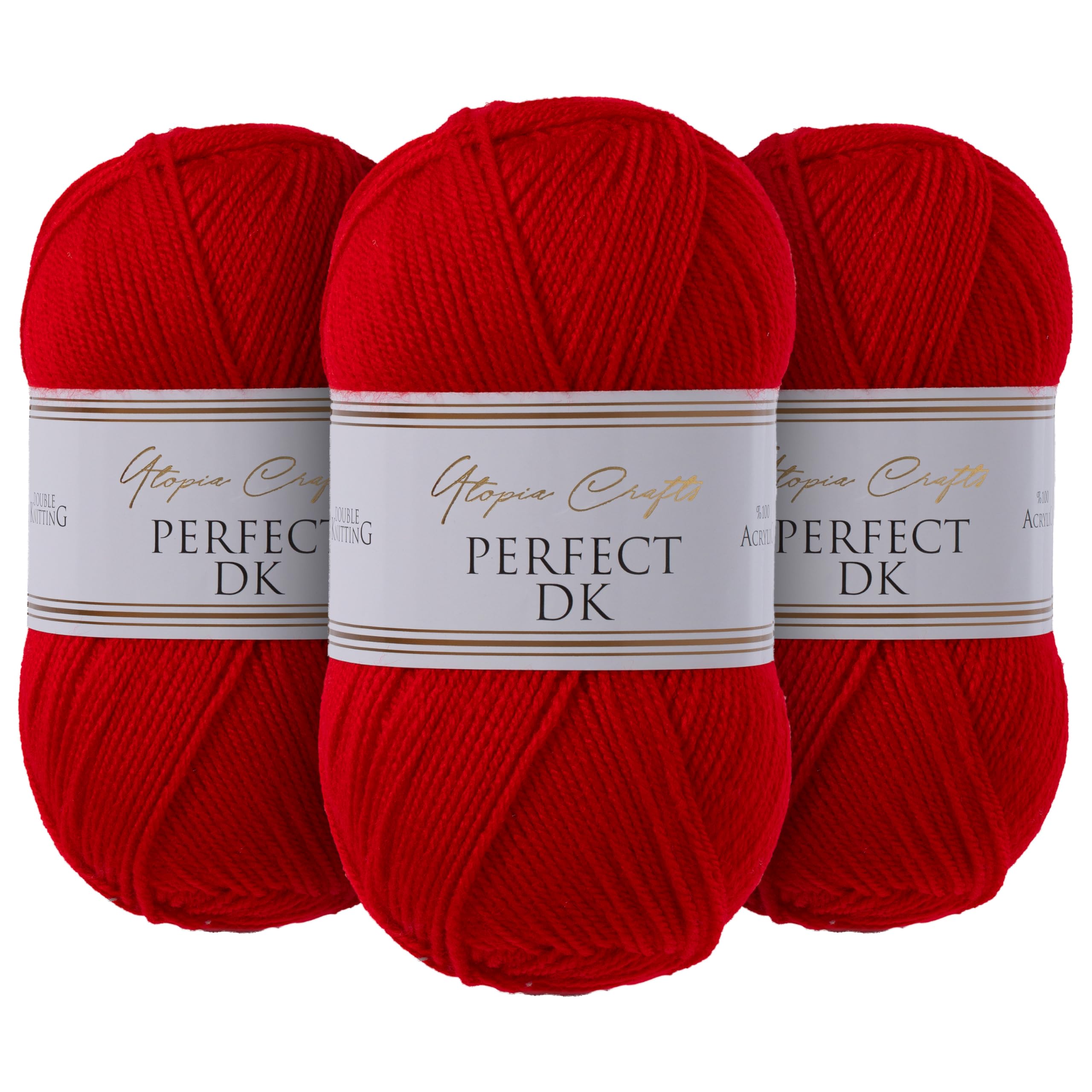 Utopia Crafts DK Double Knitting Yarn - 100% Acrylic, Red | 3 x 100g Balls | Oeko-Tex Certified 1