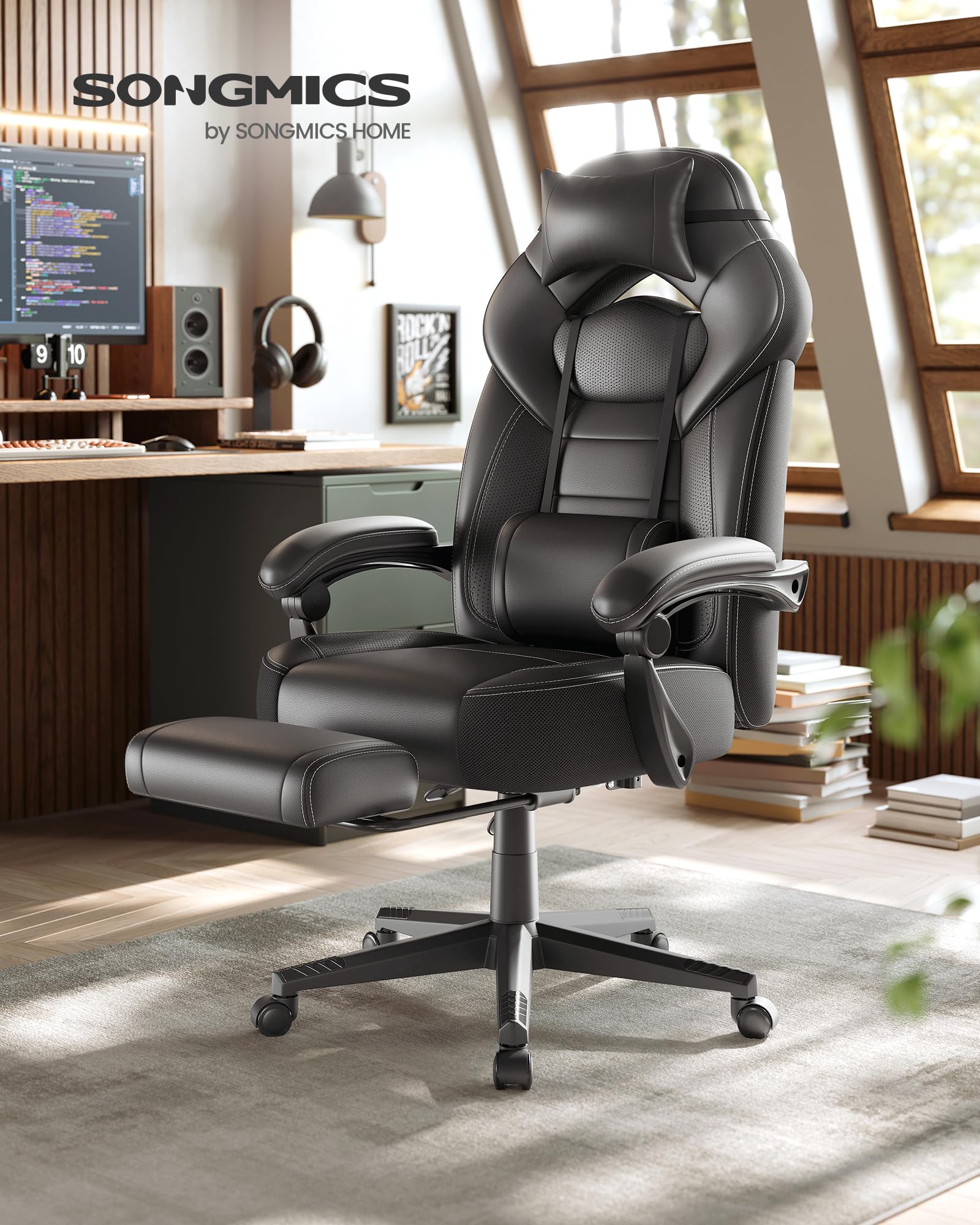 SONGMICS Gaming Chair with Footrest | Synthetic Leather | Ink Black | 70 x 70 x 121-133 cm 3