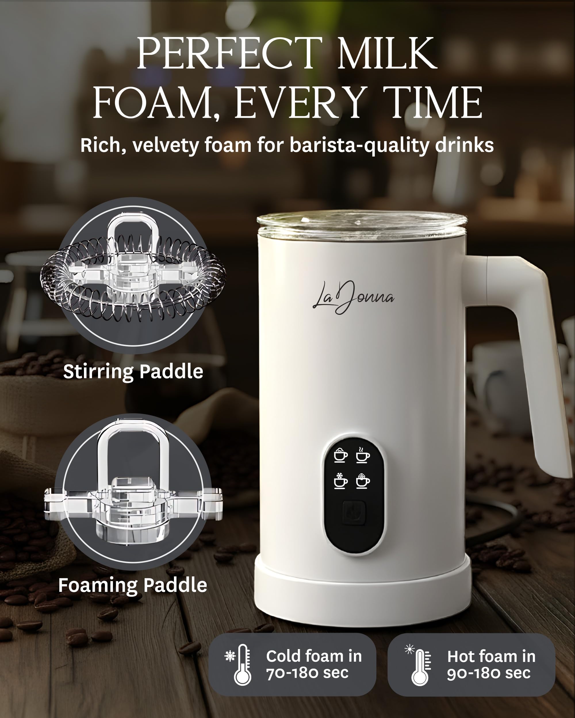 LaDonna Electric Milk Frother - 4 Functions: Hot/Cold Froth, Heat Milk, Hot Chocolate | 350ml Capacity 4