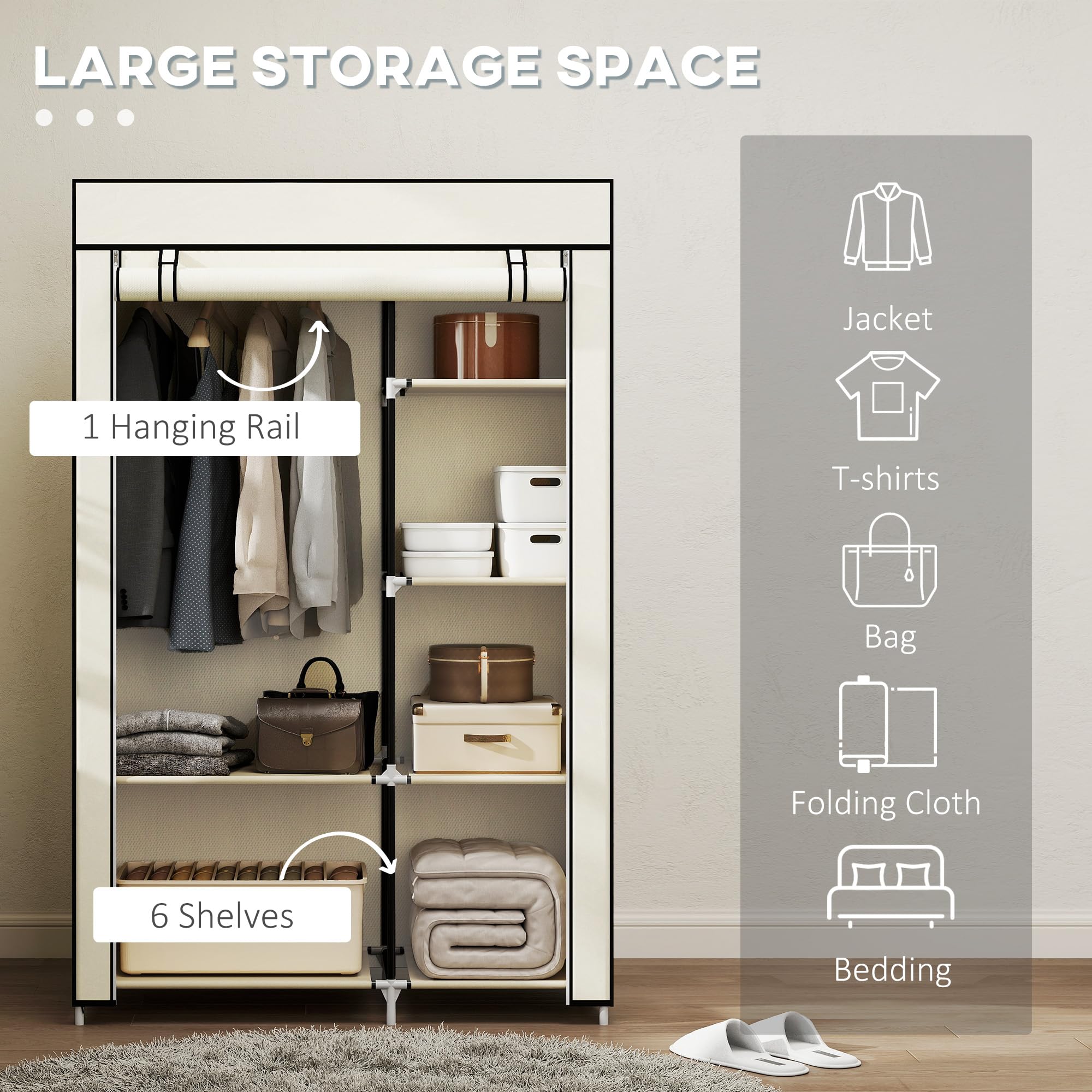 HOMCOM Portable Fabric Wardrobe - 6 Shelves, Hanging Rail | Cream White | 103W x 43D x 162.5H cm 3