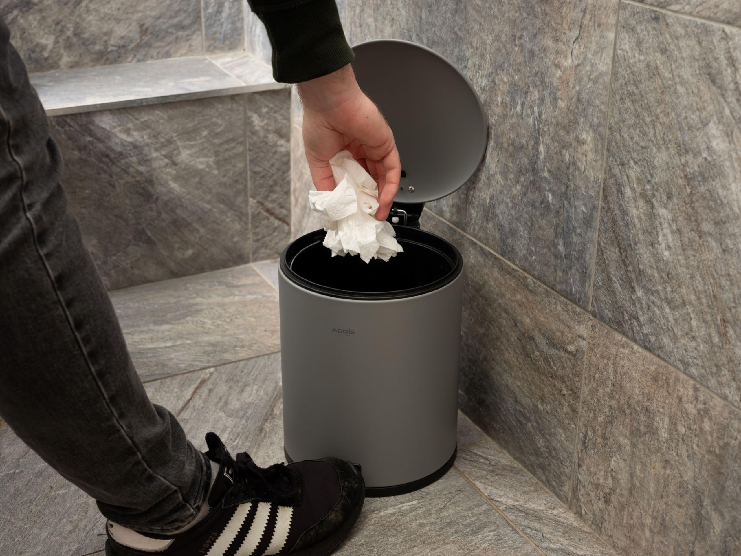 Addis 5L Bathroom Bin - Soft Close Pedal Operation | Compact Metal Design | Grey 4
