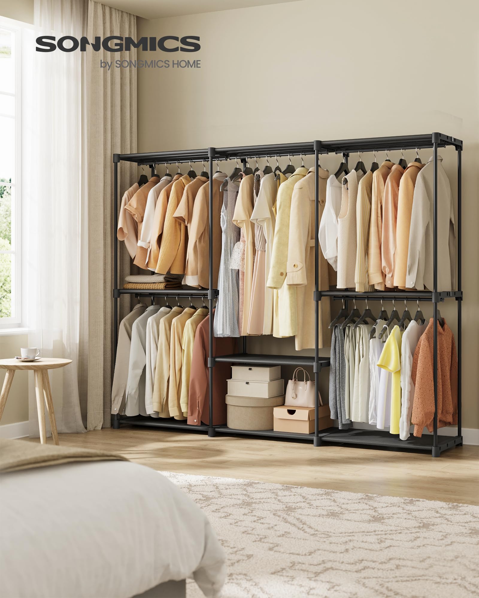 SONGMICS Portable Clothes Wardrobe - Ink Black | 5 Hanging Areas, 6 Shelves | 205W x 166H cm 2