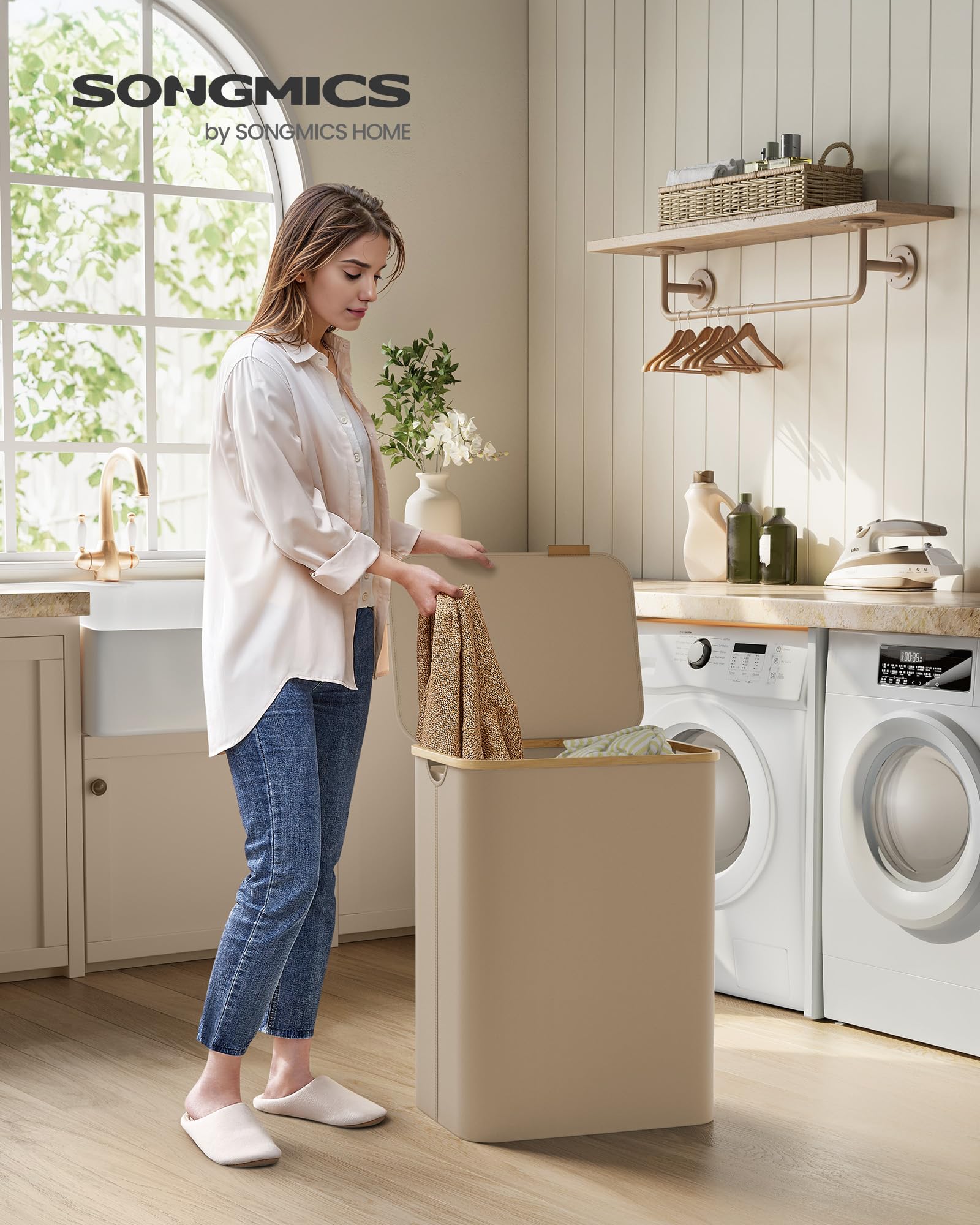 SONGMICS 2-Section Laundry Basket with Lid - 130 L Capacity, Collapsible, Camel Brown