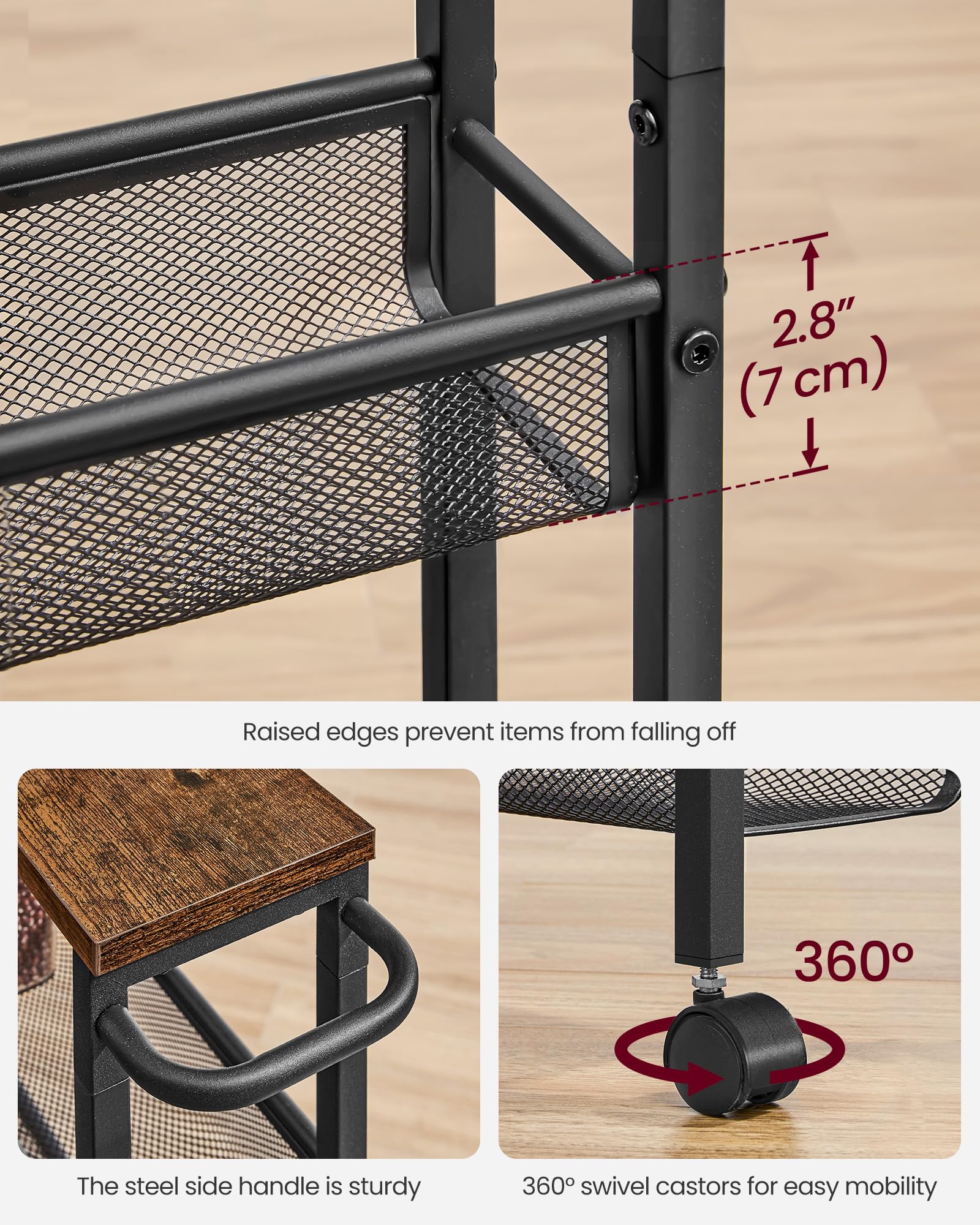 VASAGLE 5-Tier Kitchen Storage Cart with Castors | Slim 13cm Deep | Rustic Brown + Black 7