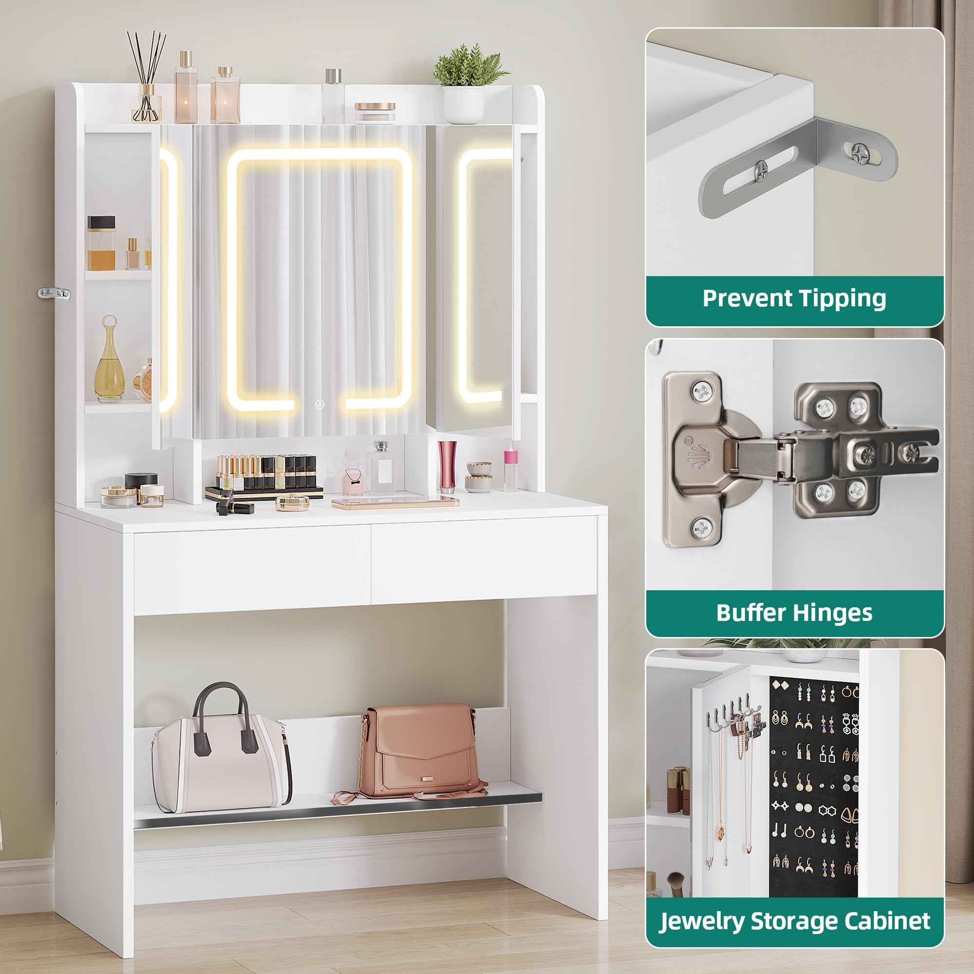 YITAHOME Dressing Table with Tri-Fold Mirror & LED Lights | White | 90 x 145 x 40 cm 8