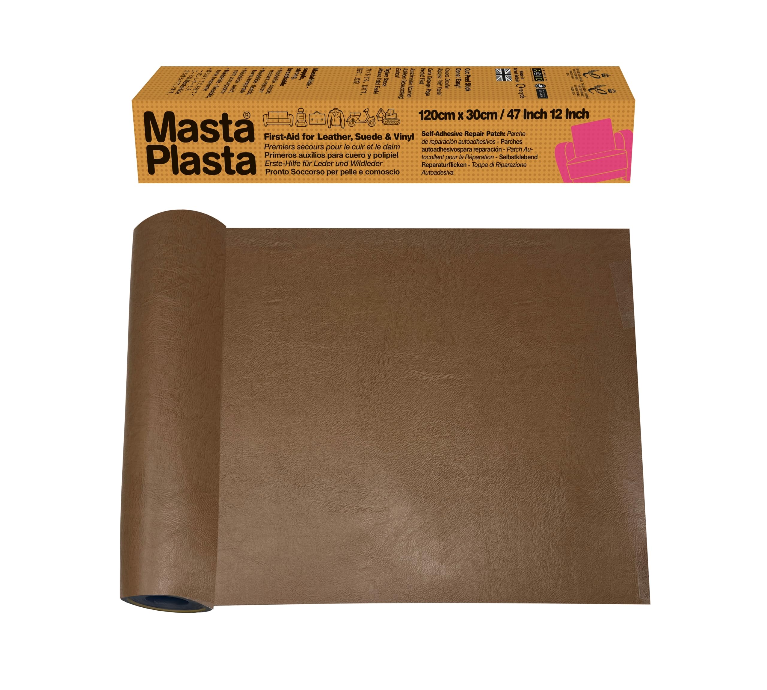 MastaPlasta Self-Adhesive Leather Repair Patch - Tan | XL 120cm x 30cm Strip | MastaHide 1