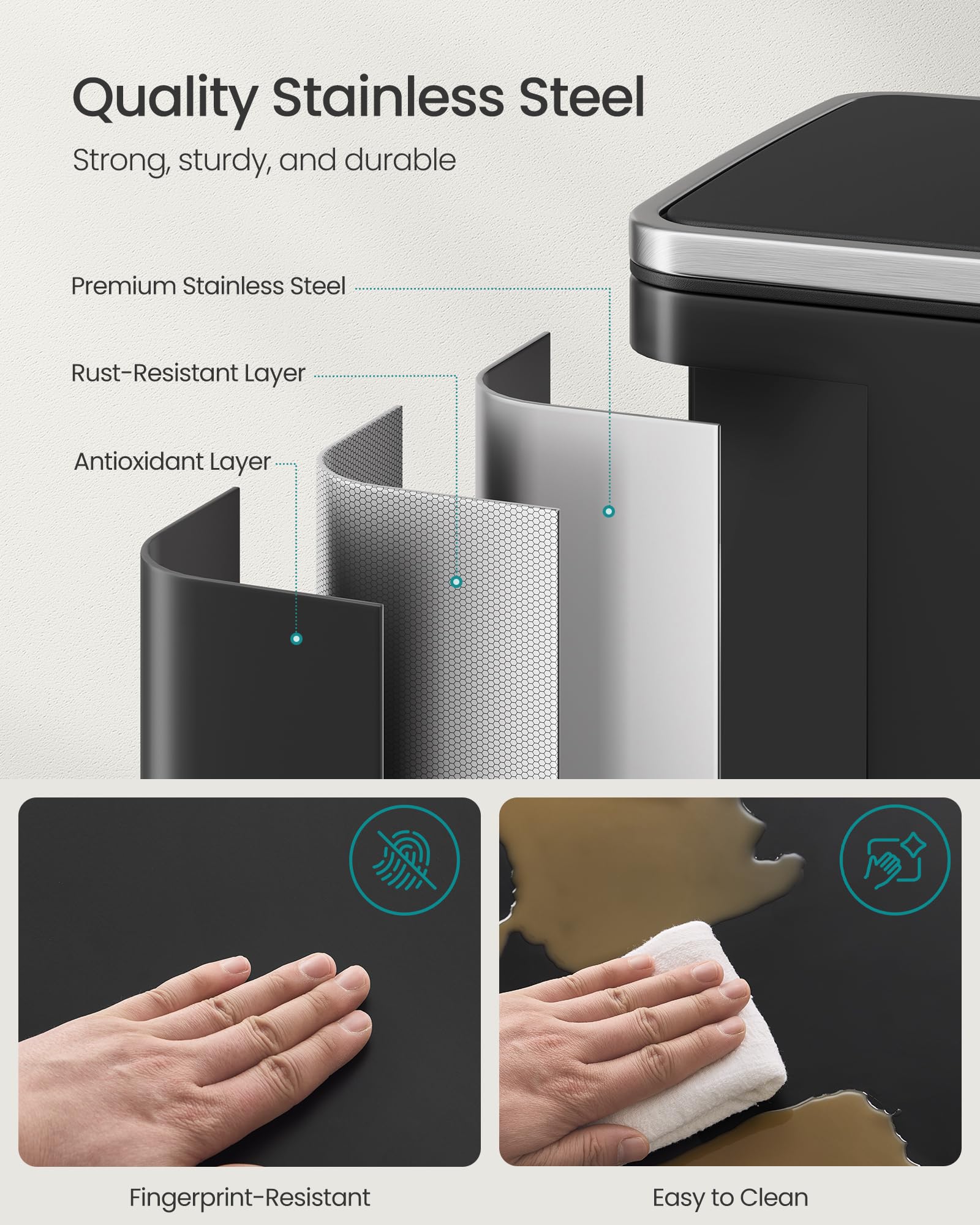 SONGMICS 50L Stainless Steel Kitchen Bin with Foot Pedal | Ink Black | Rust & Fingerprint Resistant 5
