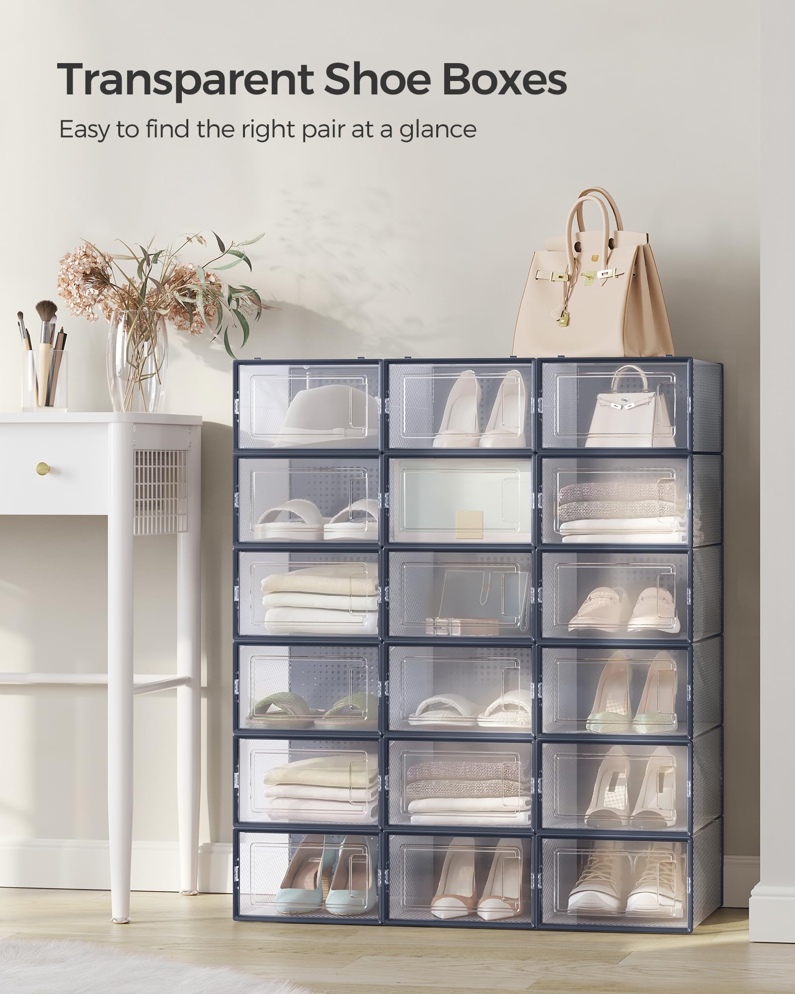 SONGMICS Shoe Boxes - Pack of 18 Stackable Storage Organisers | Fits UK Size 9.5 | Transparent 2