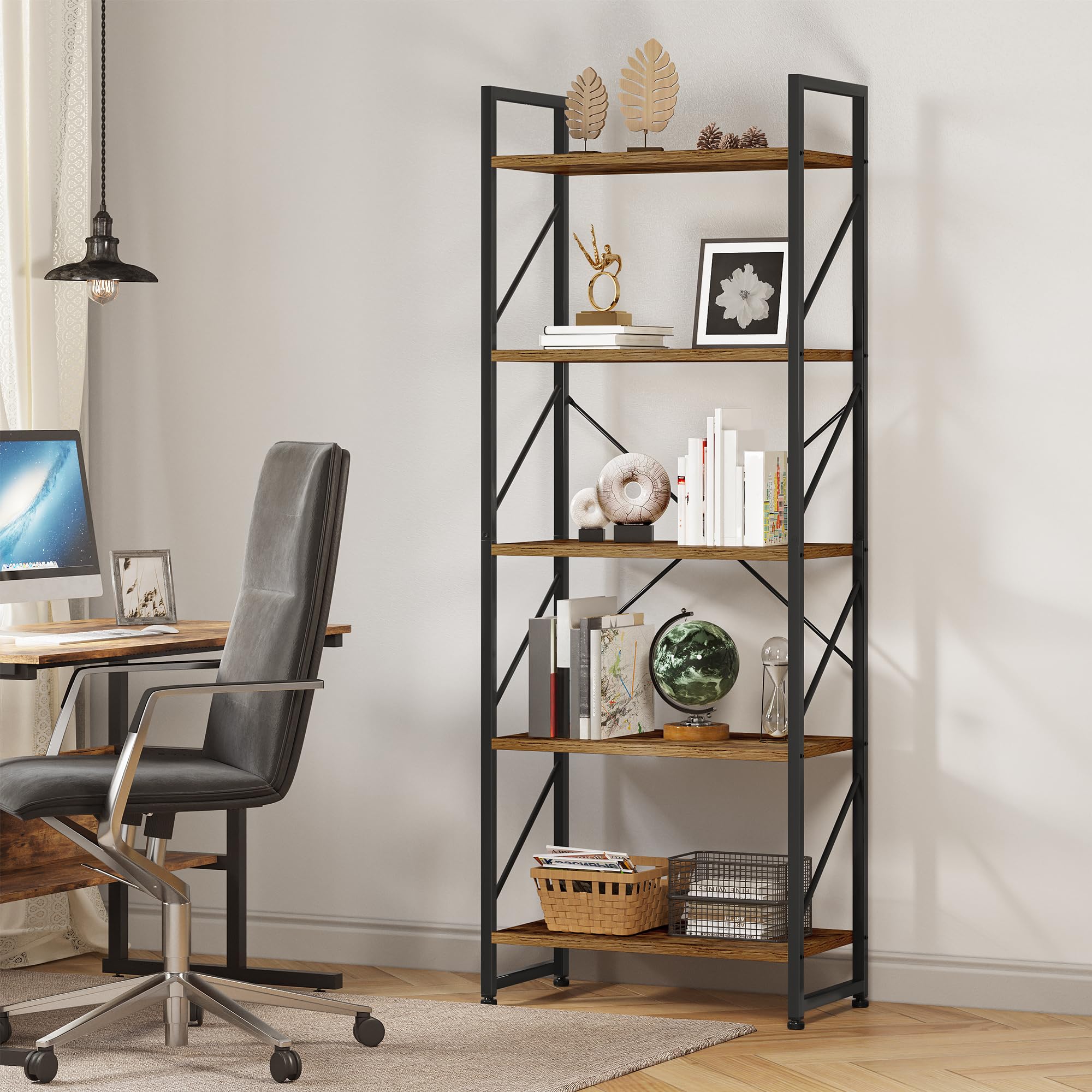 YITAHOME 5-Tier Bookcase - Rustic Brown | Modern Industrial Design | Space Saving | 60W x 158H cm 3