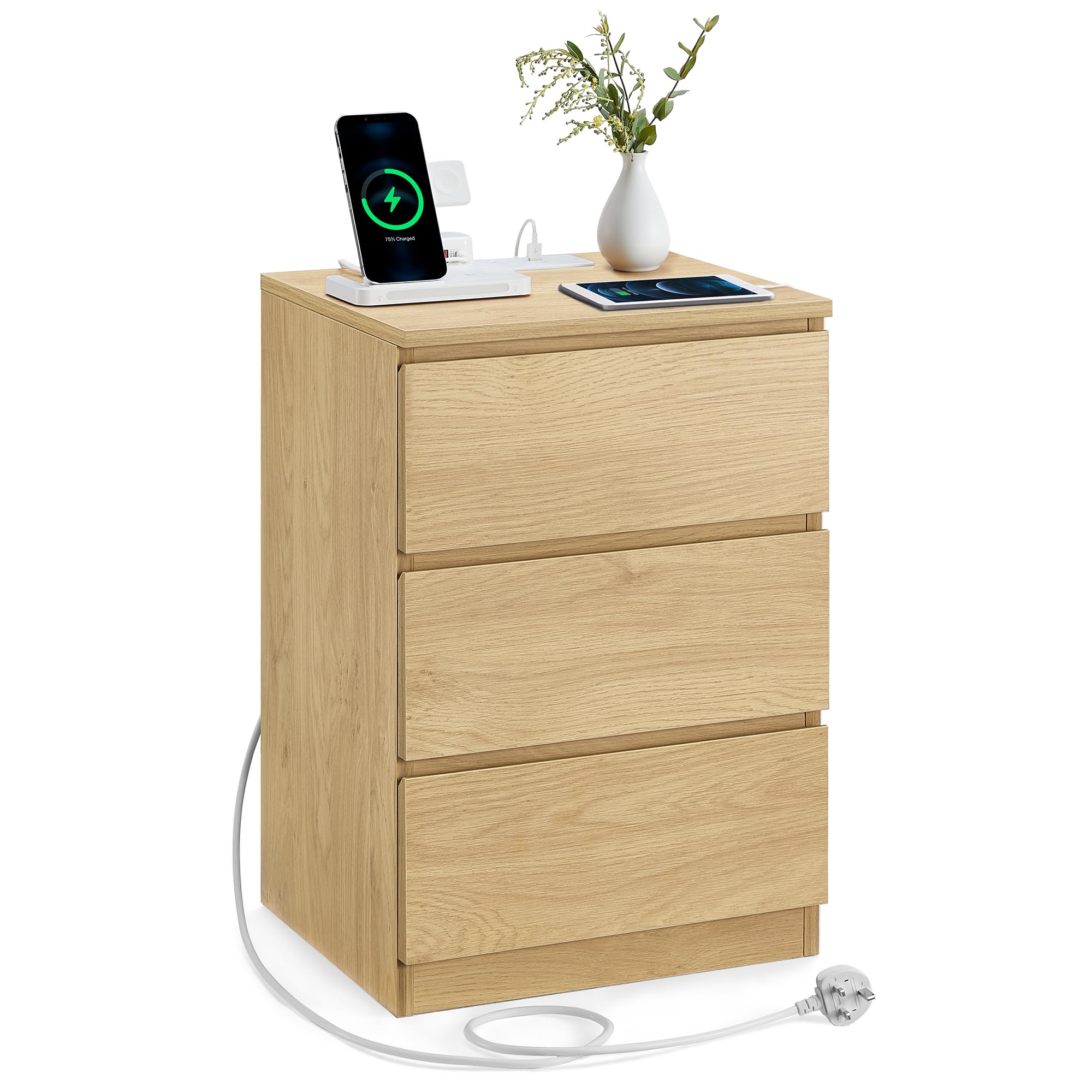 VASAGLE KAILYN Collection Bedside Table with Power Strip | 2 AC Outlets, 2 USB Ports | Straw Yellow 3
