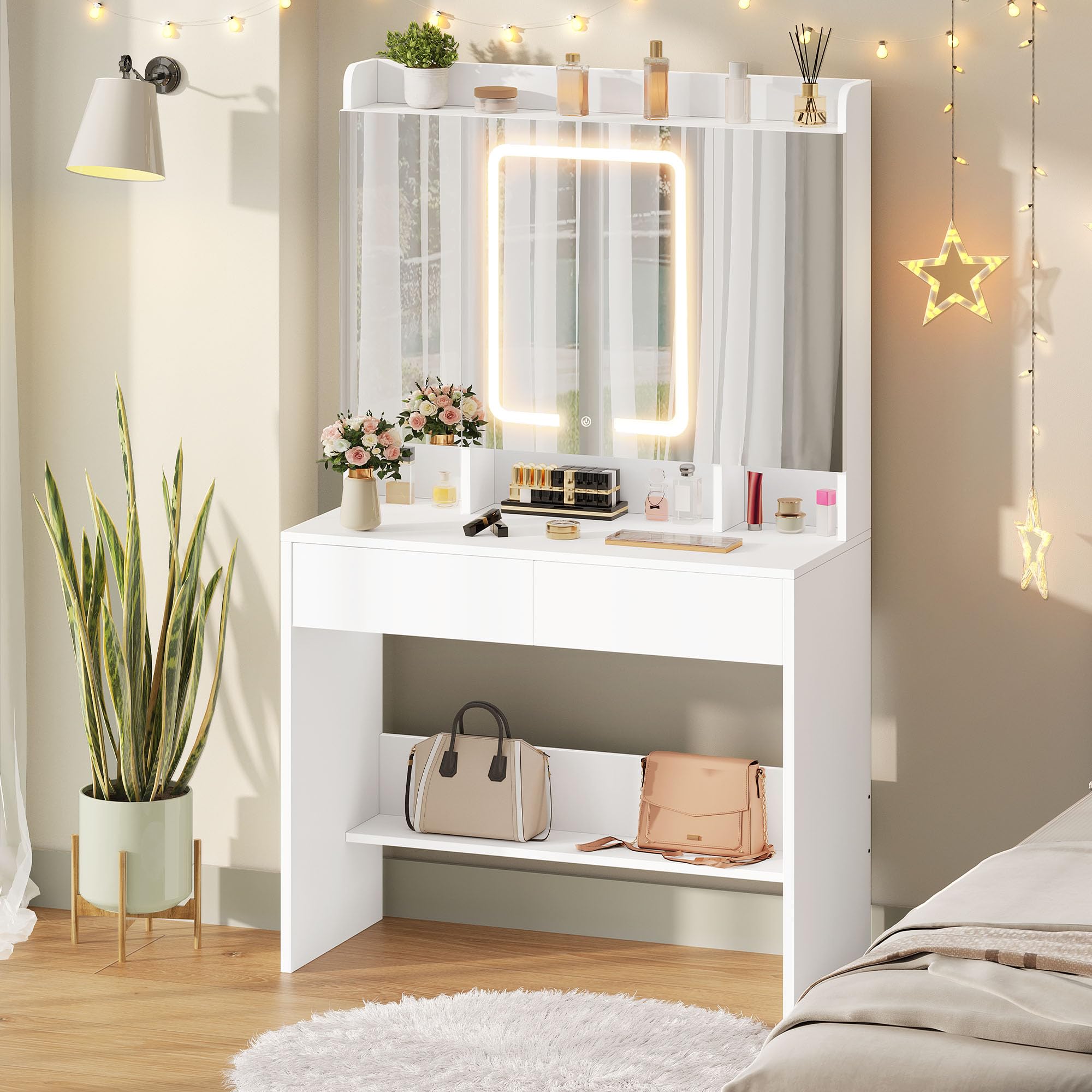 YITAHOME Dressing Table with Tri-Fold Mirror & LED Lights | White | 90 x 145 x 40 cm 1