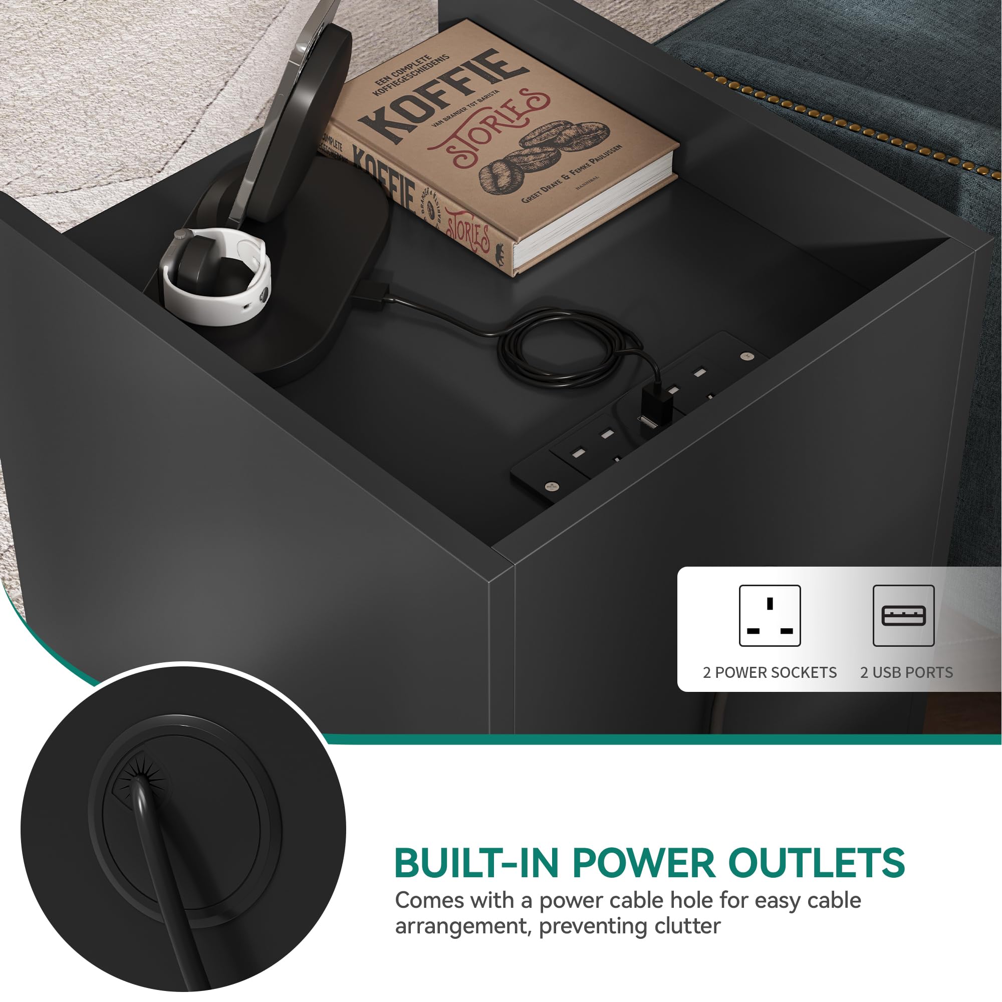 YITAHOME Bedside Table with 3 Drawers and Power Station | Black Engineered Wood | 35 x 40 x 59cm 4