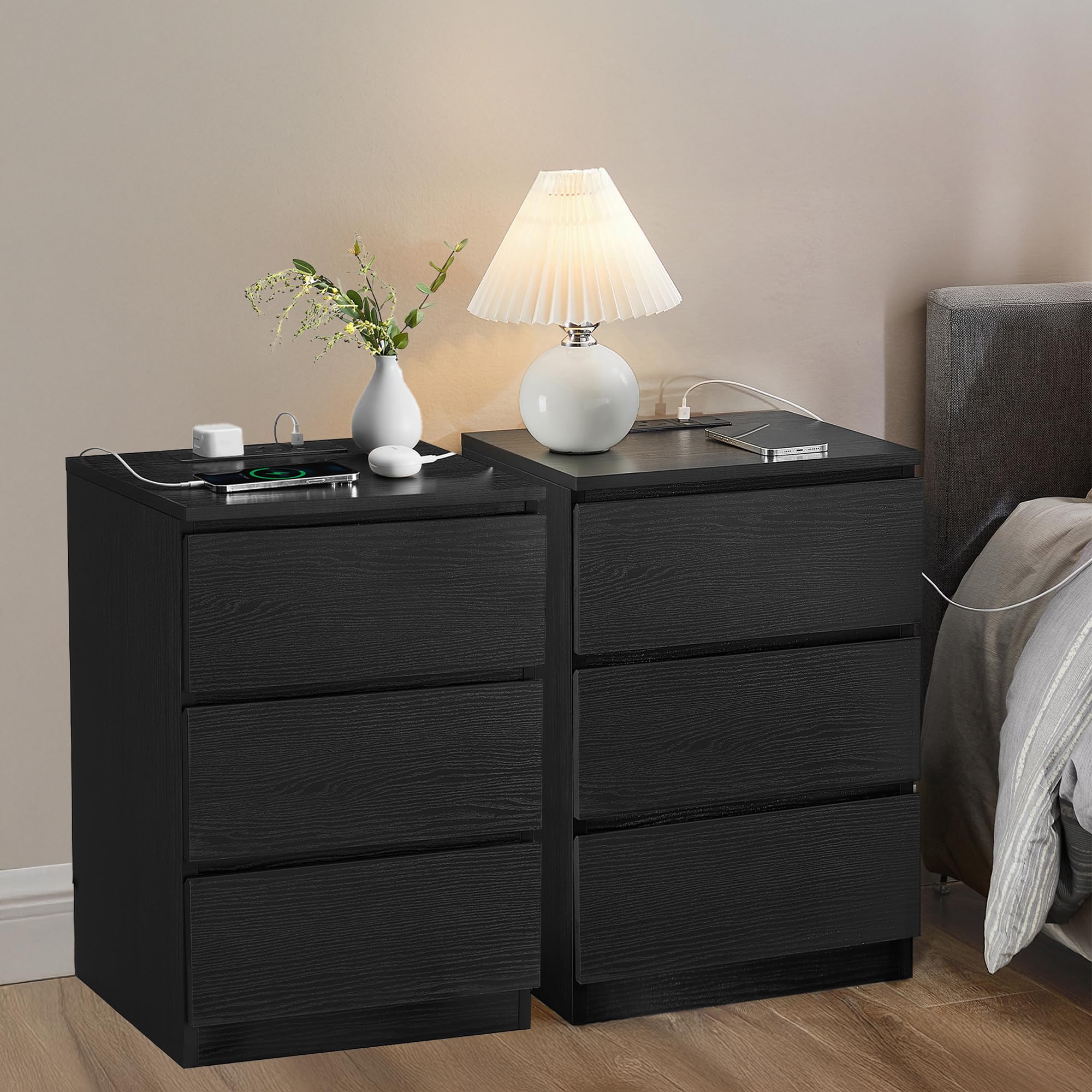 VASAGLE KAILYN Collection - Bedside Tables with Power Strip, Set of 2 | Ebony Black 1