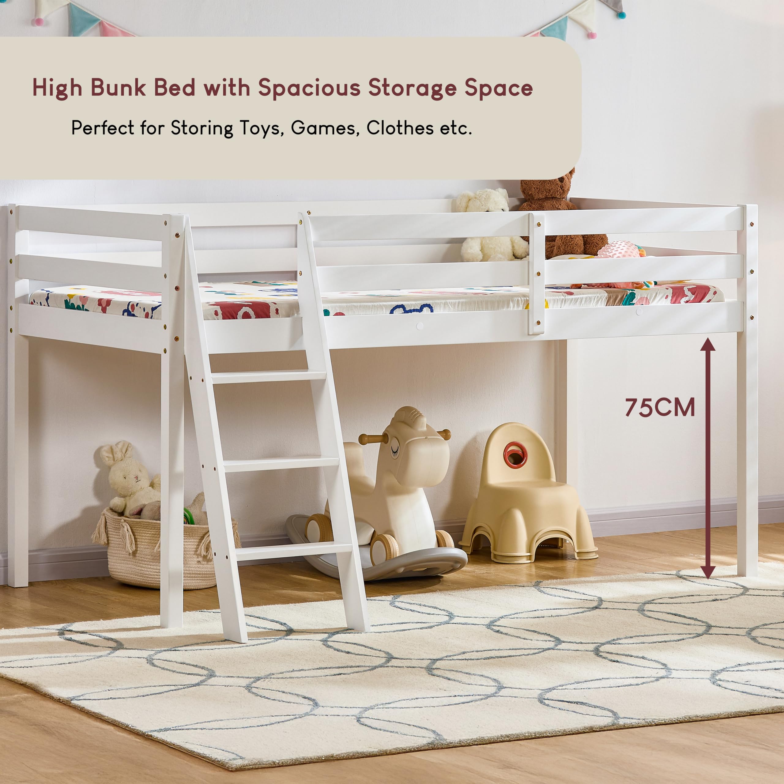Vida Designs Sydney High Sleeper Cabin Bunk Bed with Ladder | Solid Pine Wood | White Finish | 110 x 198 x 97 cm 5