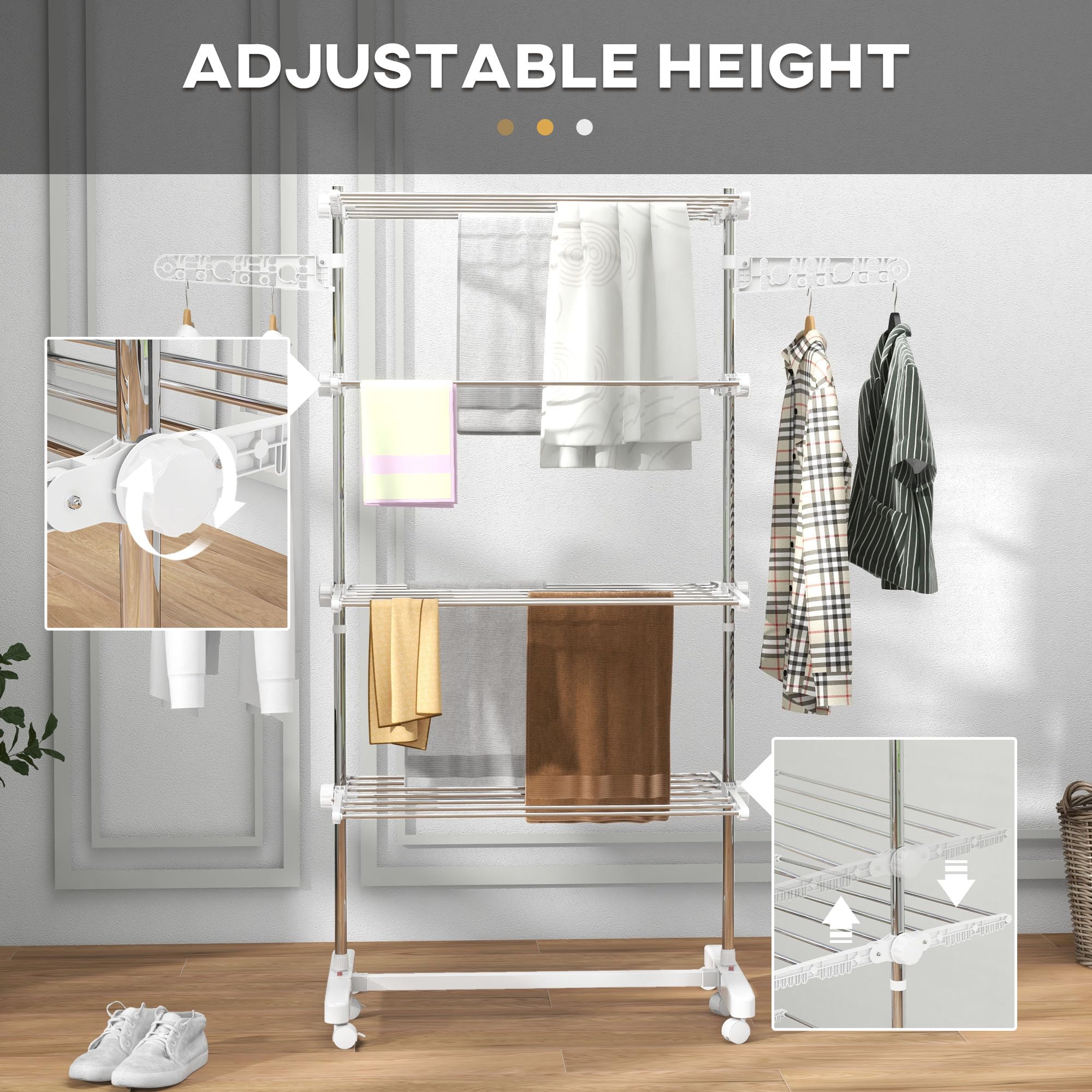 HOMCOM 4-Tier Stainless Steel Clothes Drying Rack | Foldable | Max Load 30kg | Wheeled 3