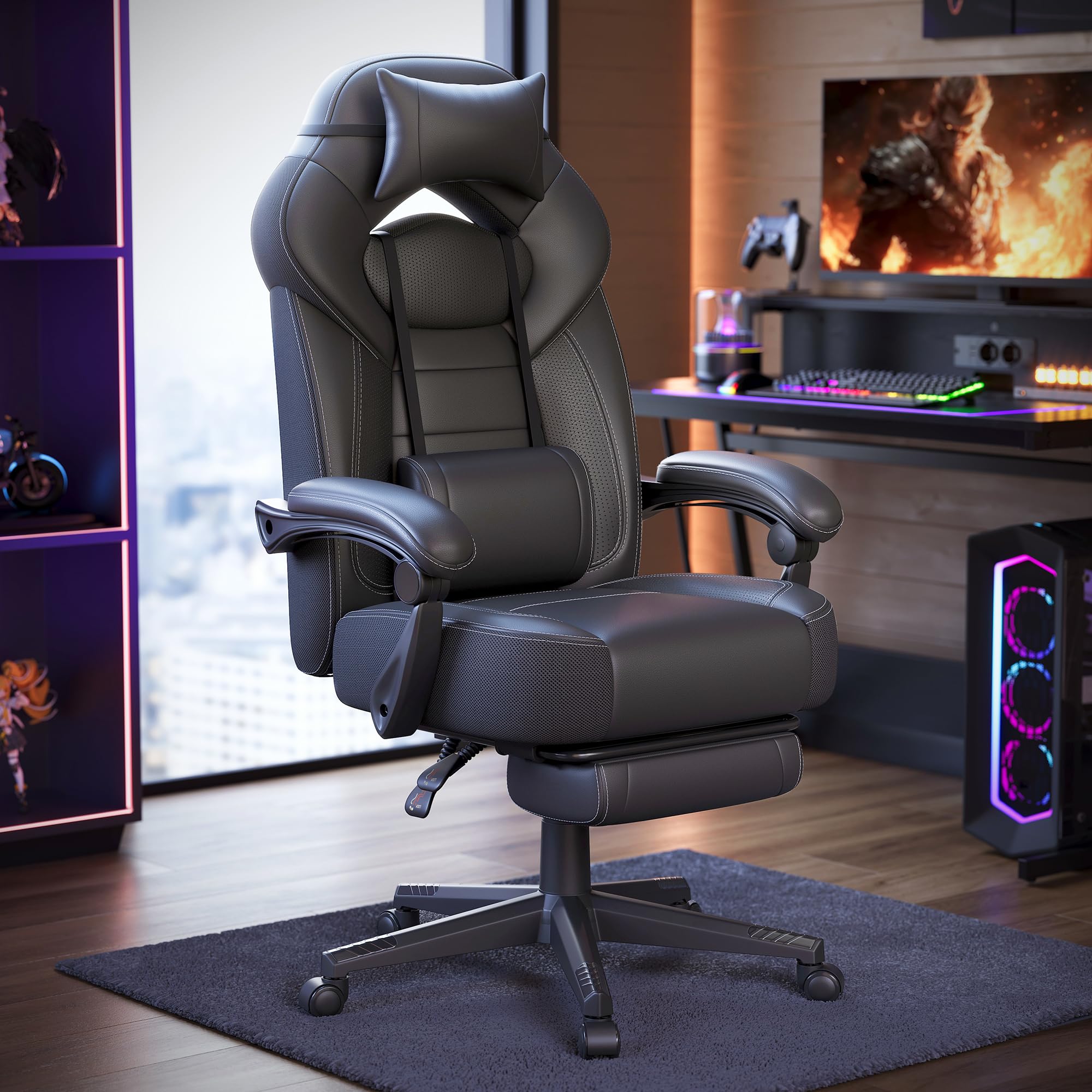 SONGMICS Gaming Chair with Footrest | Synthetic Leather | Ink Black | 70 x 70 x 121-133 cm 1
