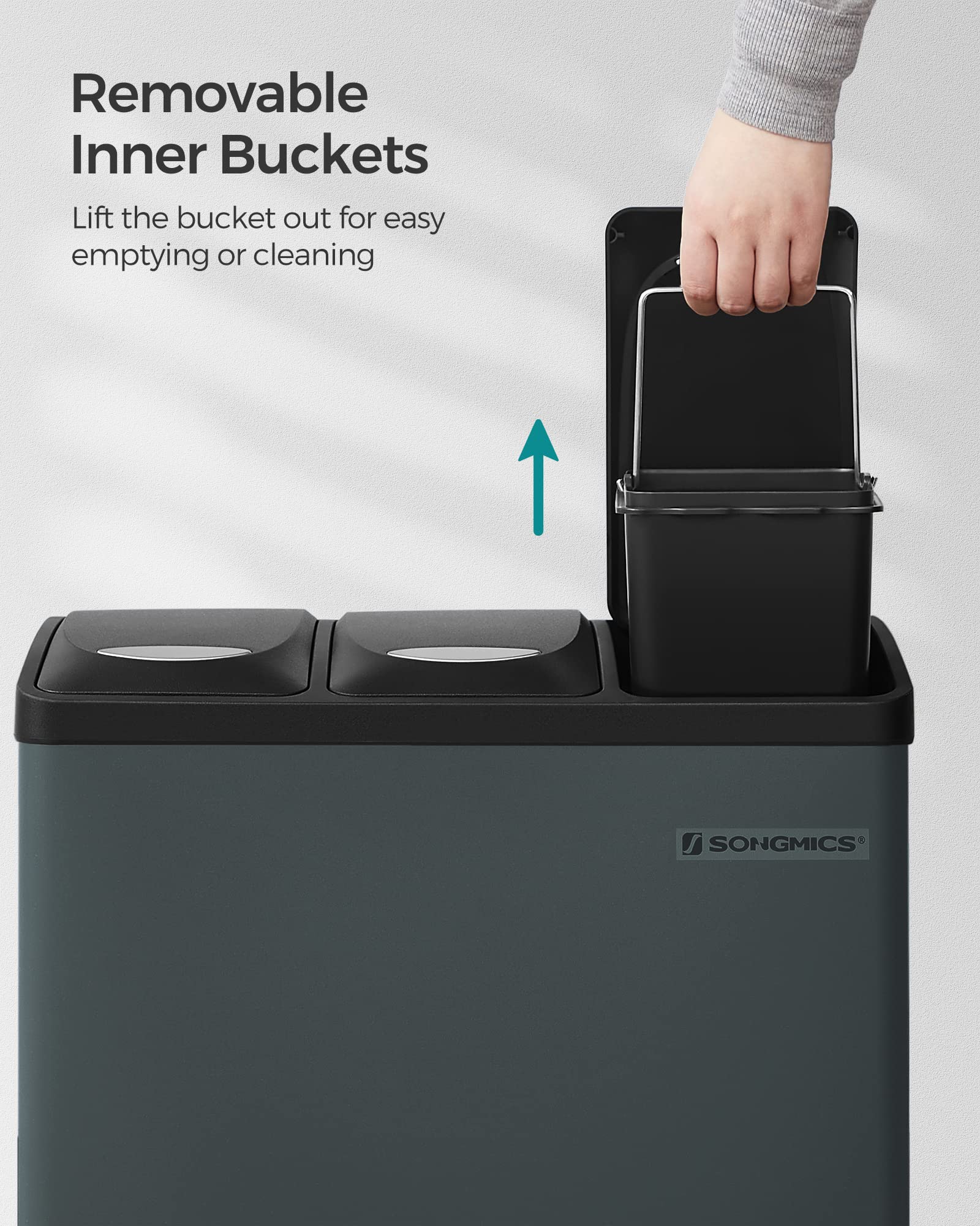 SONGMICS LTB24GS Triple Waste Bin - 3 x 8L Capacity | Foot Pedal Operated | Steel 6
