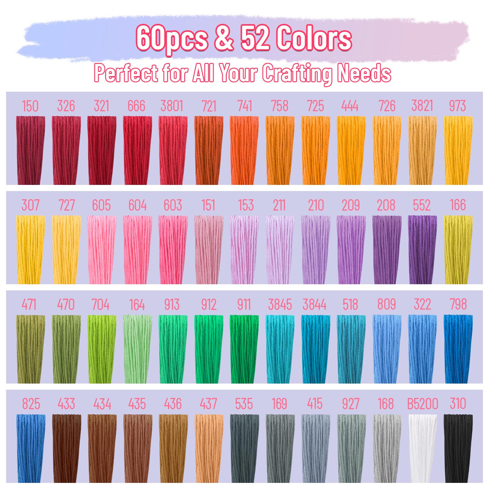 VynyQoo 60PCS Embroidery Floss Set - 52 Multicolor + Basic Black/White | Premium Polyester 5