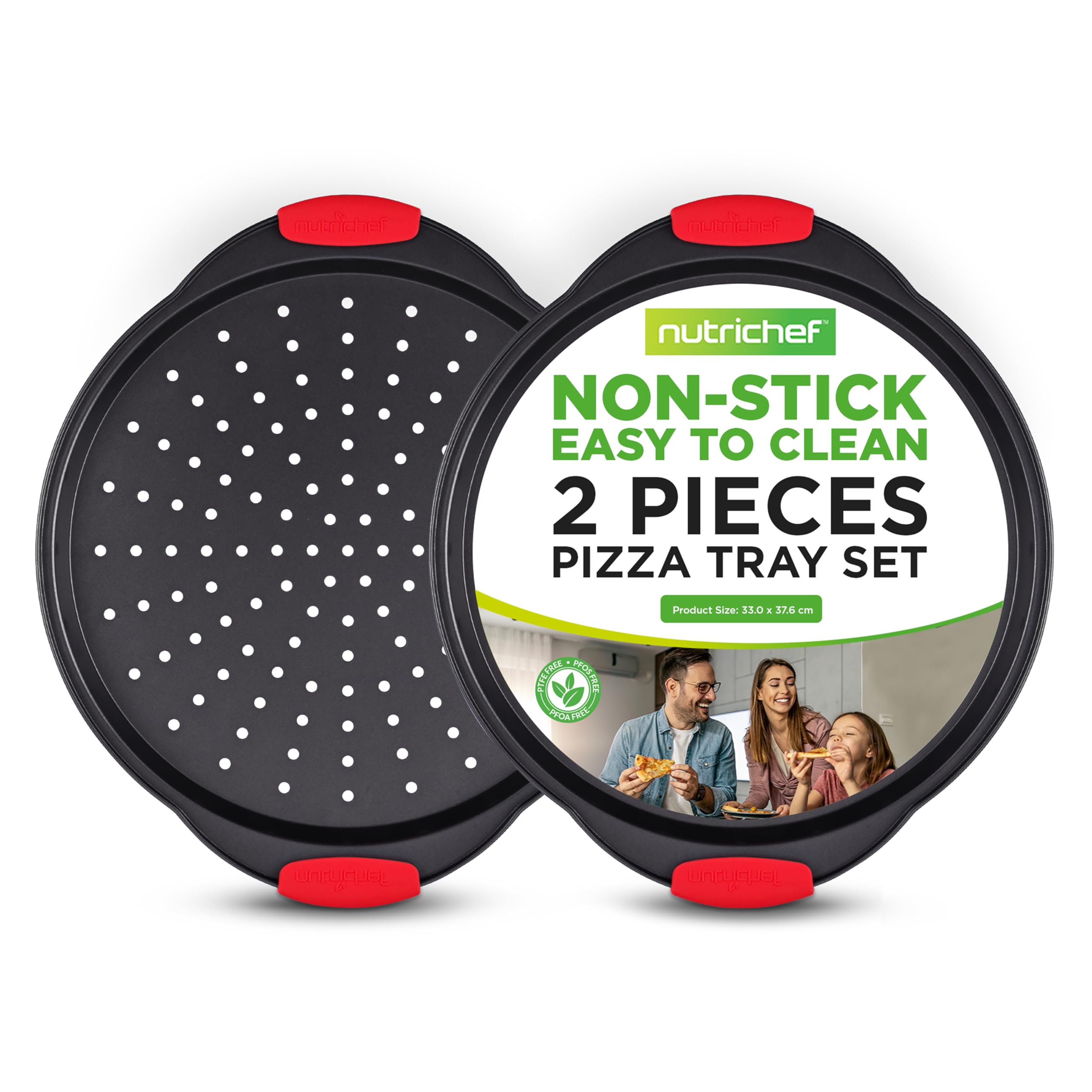 NutriChef 2-Pc. Non-Stick Pizza Tray - Round Steel with Perforated Holes | Dishwasher Safe 1