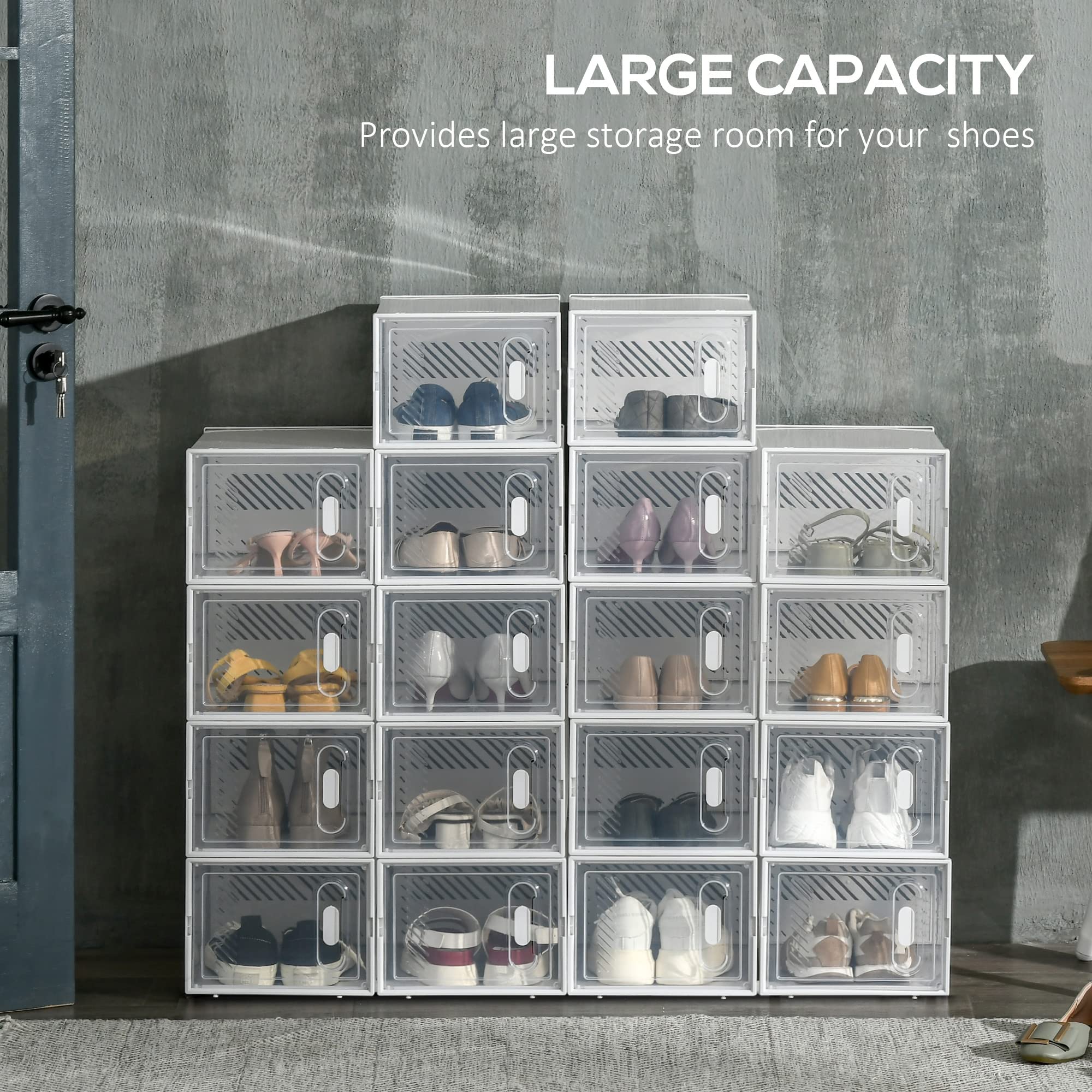 HOMCOM 18PCS Clear Stackable Shoe Storage Boxes | PP Material | Max Shoe Size UK 8.5/EU 43 4